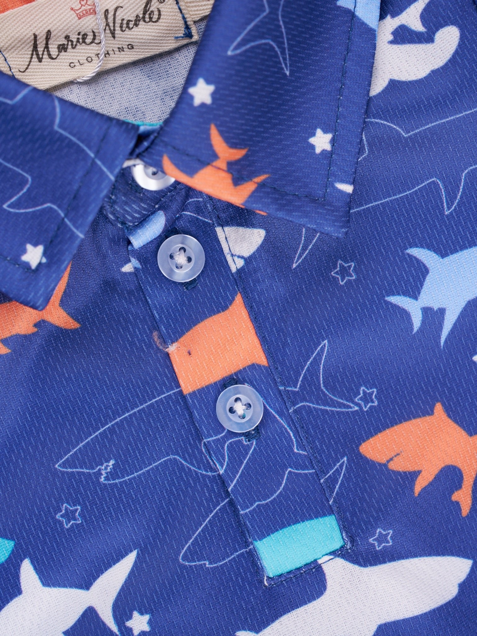 Deep Blue Shark Polo Romper - Marie Nicole Clothing