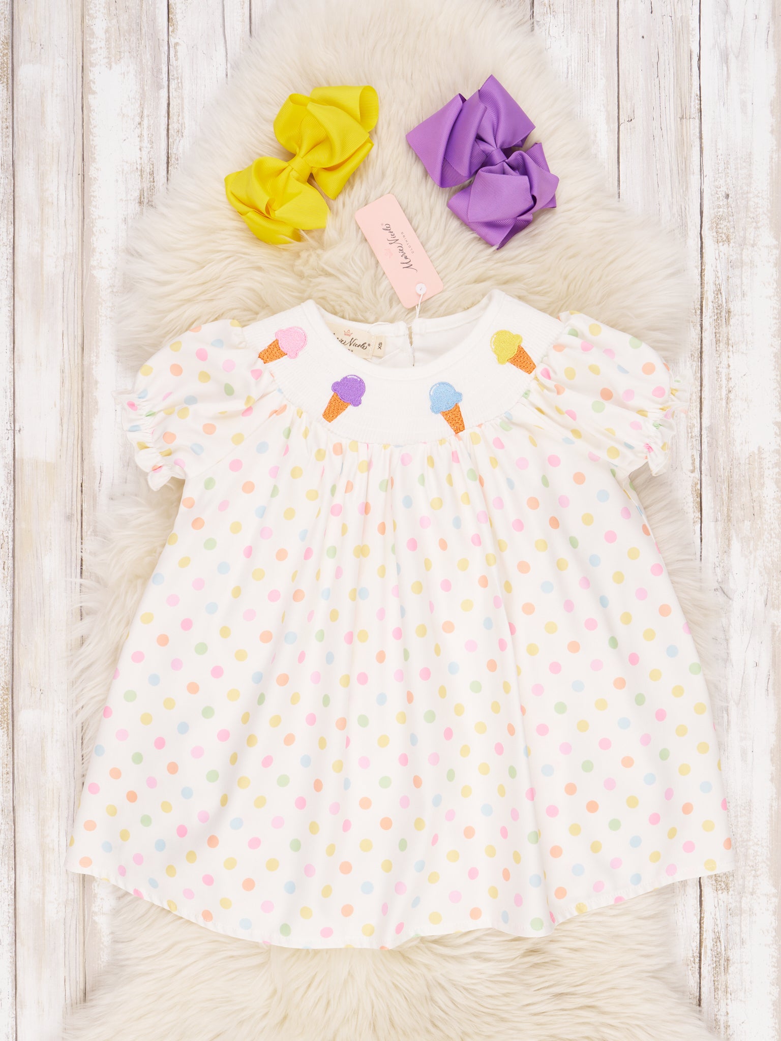 Smocked Polka Dot Ice Cream Ruffle Dress - Marie Nicole Clothing