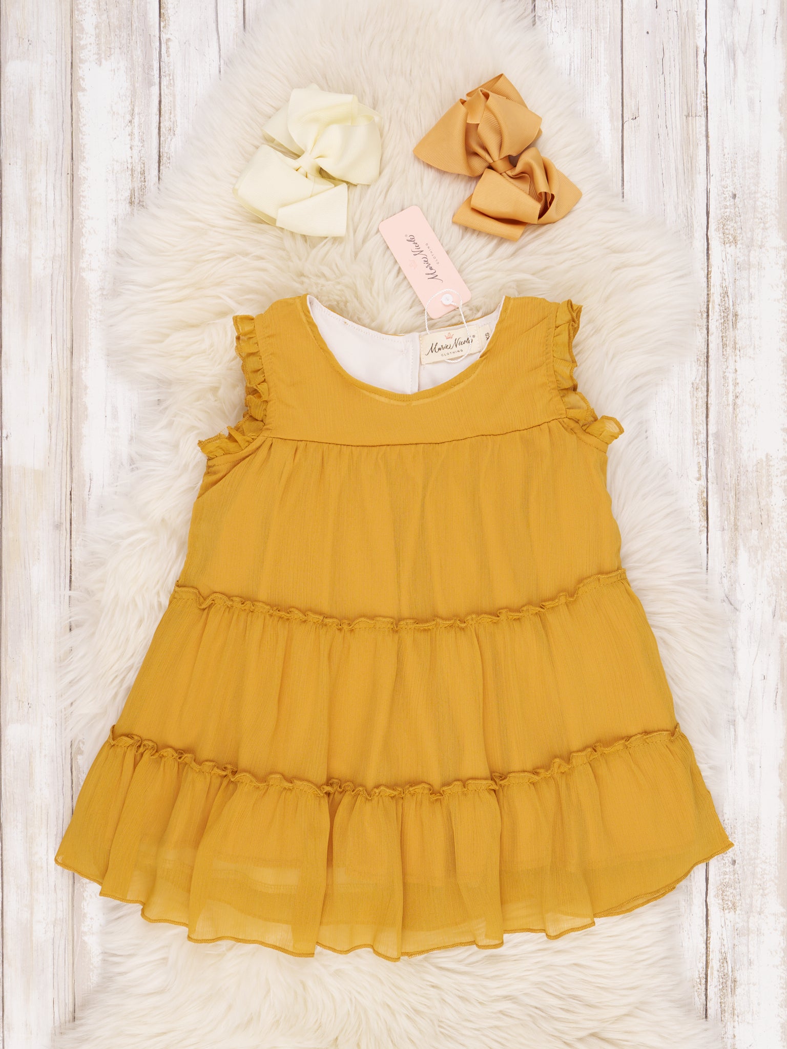Mustard Tiered Ruffle Dress - Marie Nicole Clothing