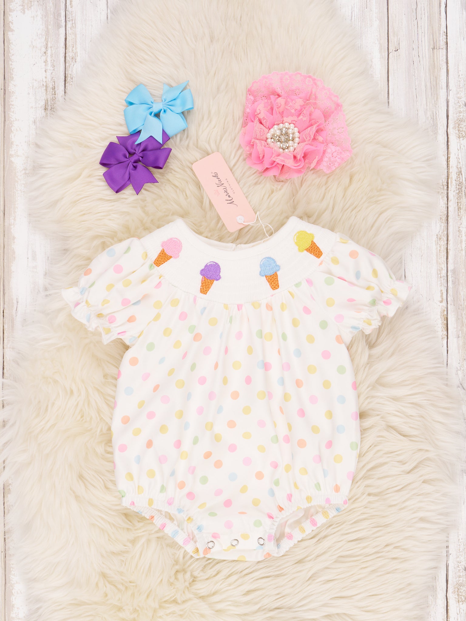 Smocked Polka Dot Ice Cream Ruffle Romper - Marie Nicole Clothing