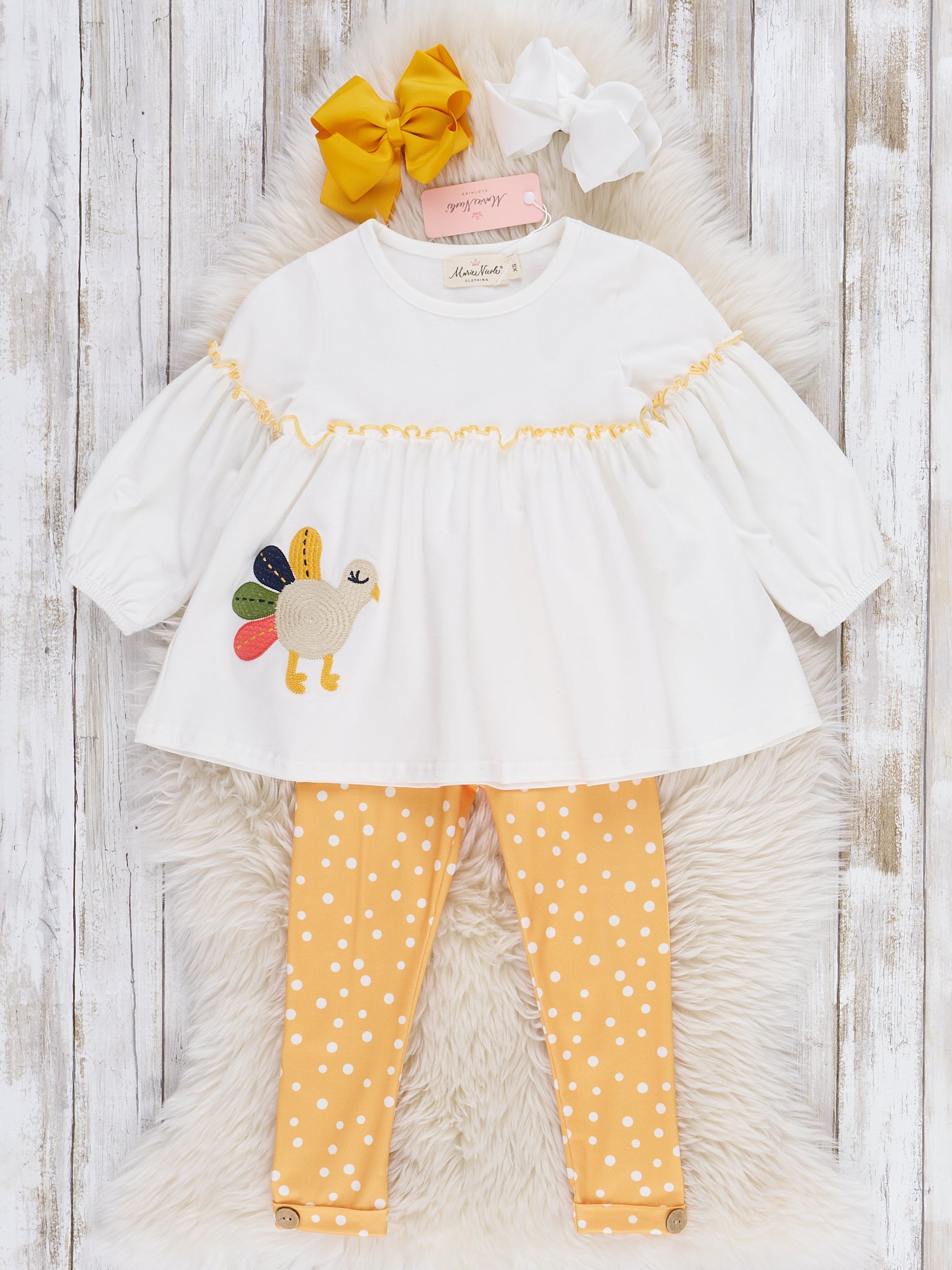 Mustard Polka Dot Embroidered Turkey Outfit - Marie Nicole Clothing