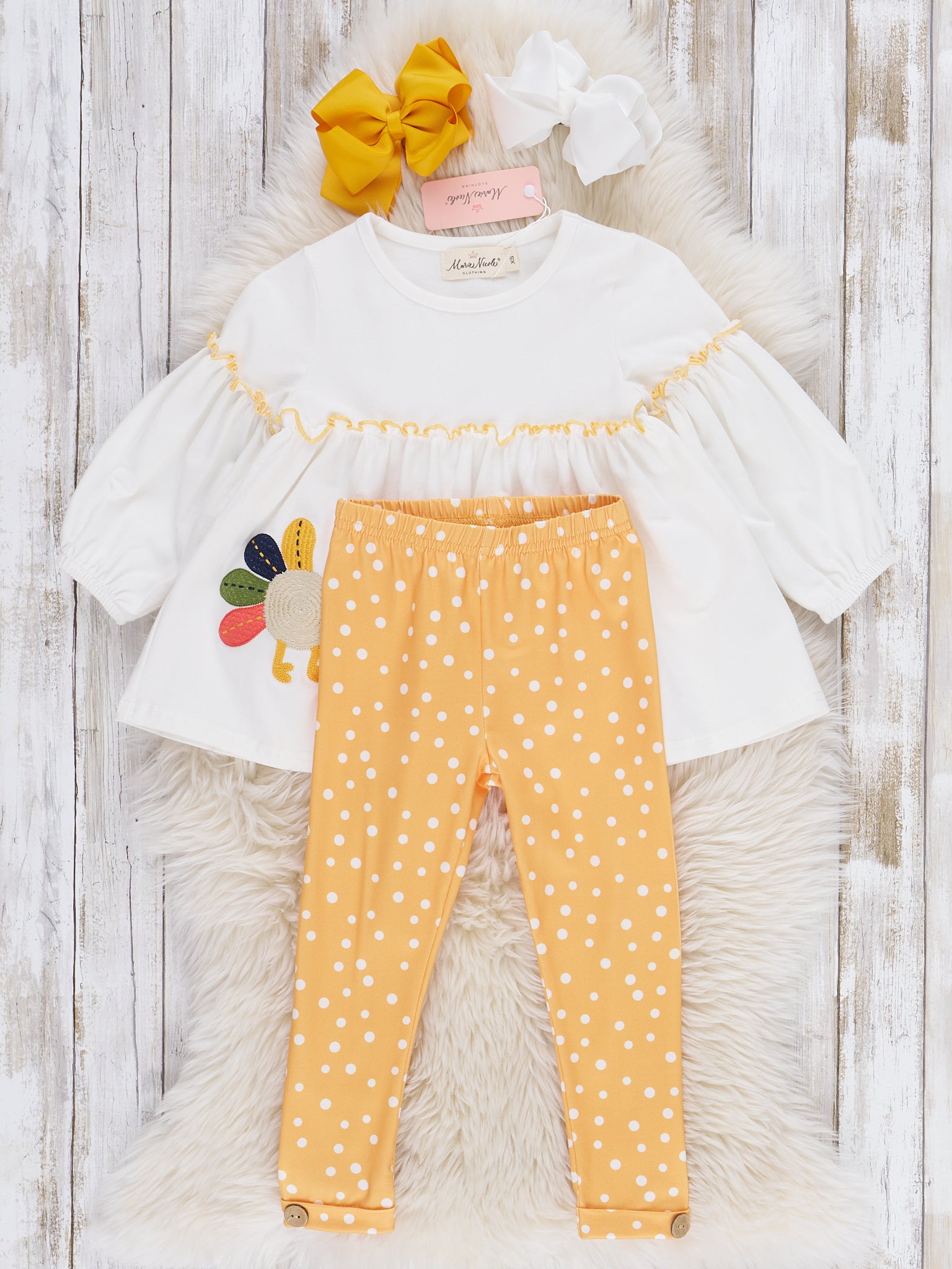 Mustard Polka Dot Embroidered Turkey Outfit - Marie Nicole Clothing