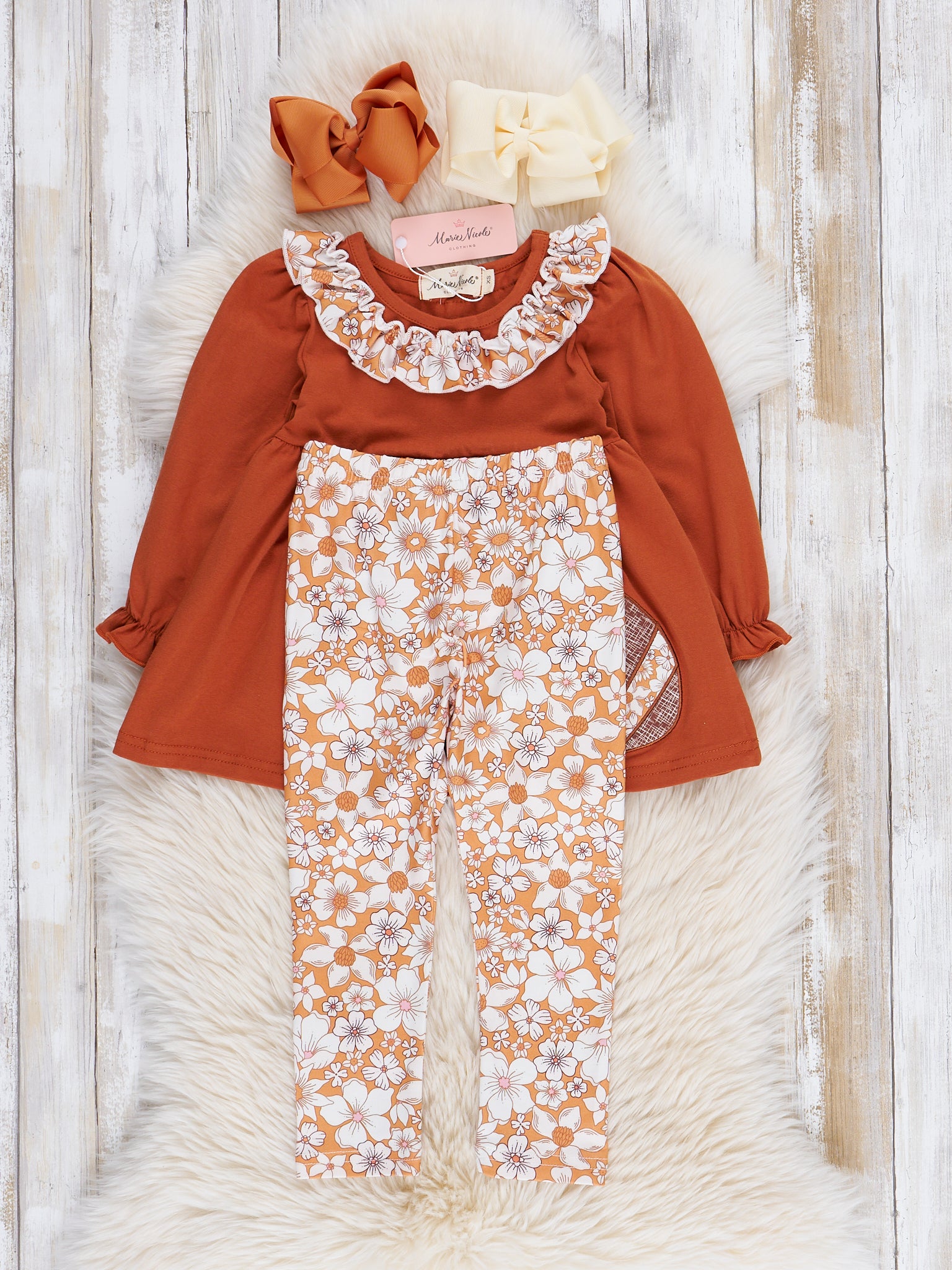Bronze Floral Embroidered Football Ruffle Outfit - Marie Nicole Clothing