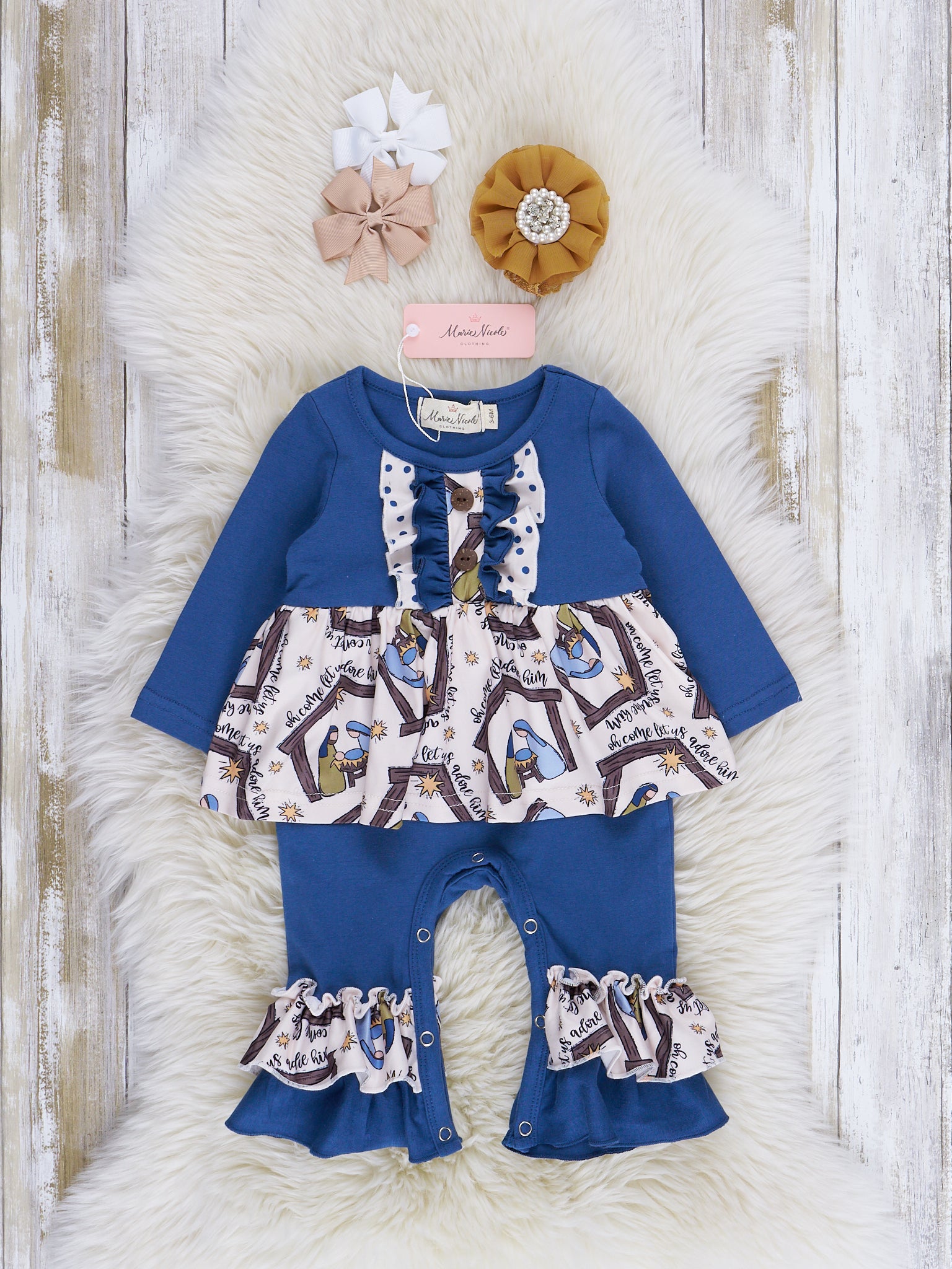 Cream & Blue Dots Nativity Ruffle Romper - Marie Nicole Clothing