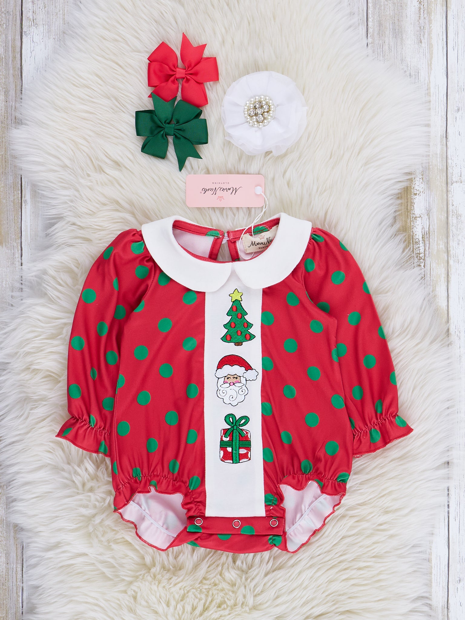 Red & Green Embroidered Christmas Ruffle Bubble Romper - Marie Nicole Clothing