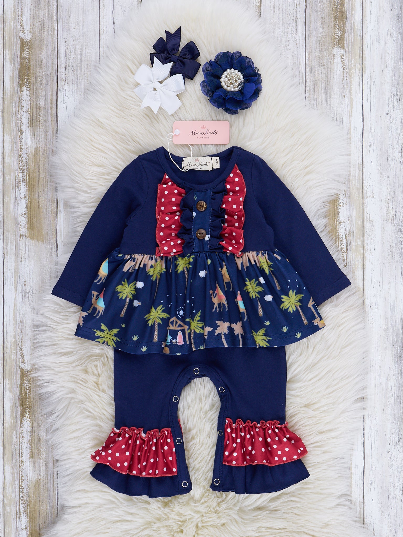Navy & Red Dots Bethlehem Ruffle Romper - Marie Nicole Clothing