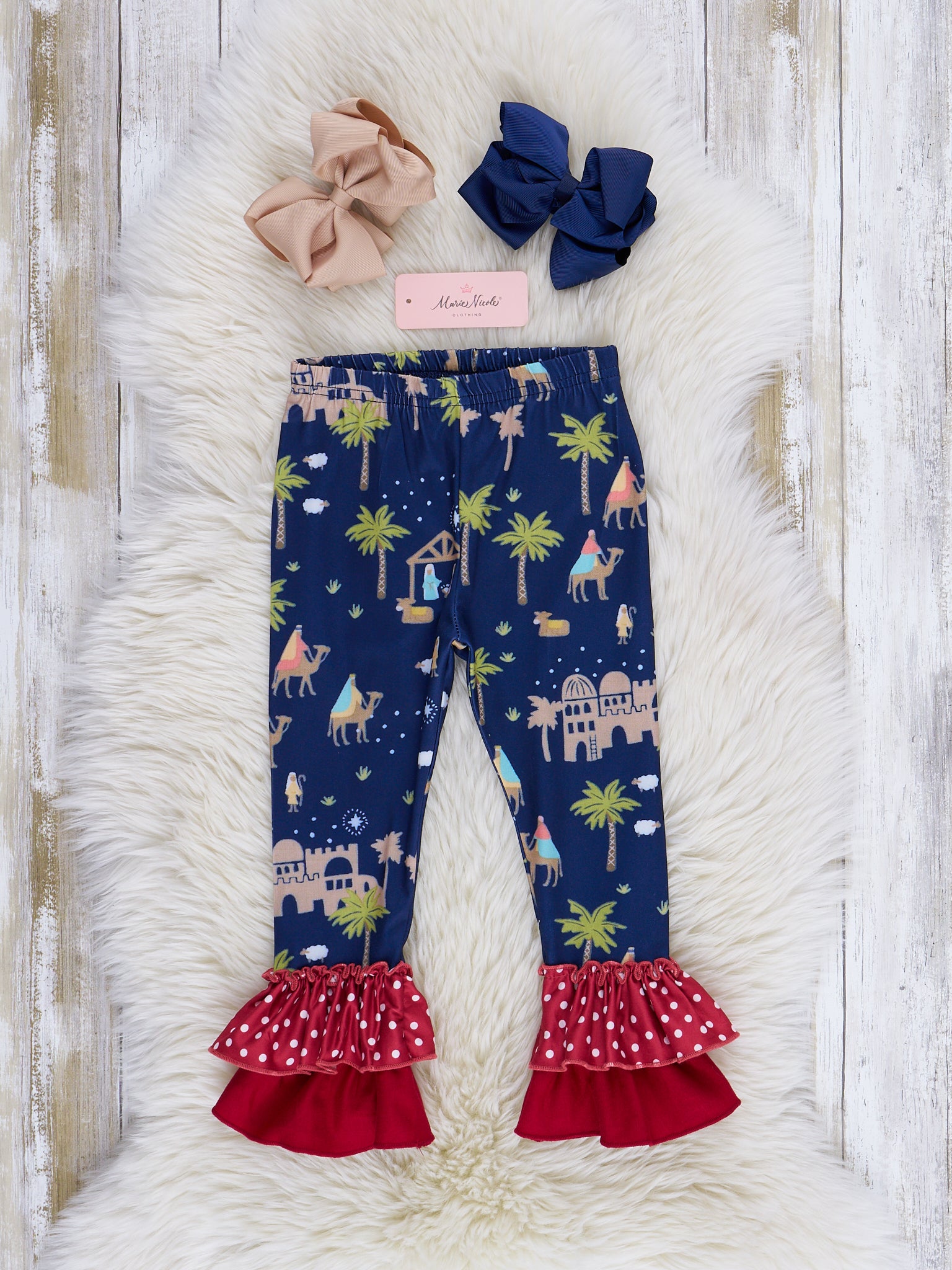 Navy Nativity Ruffle Pants - Marie Nicole Clothing