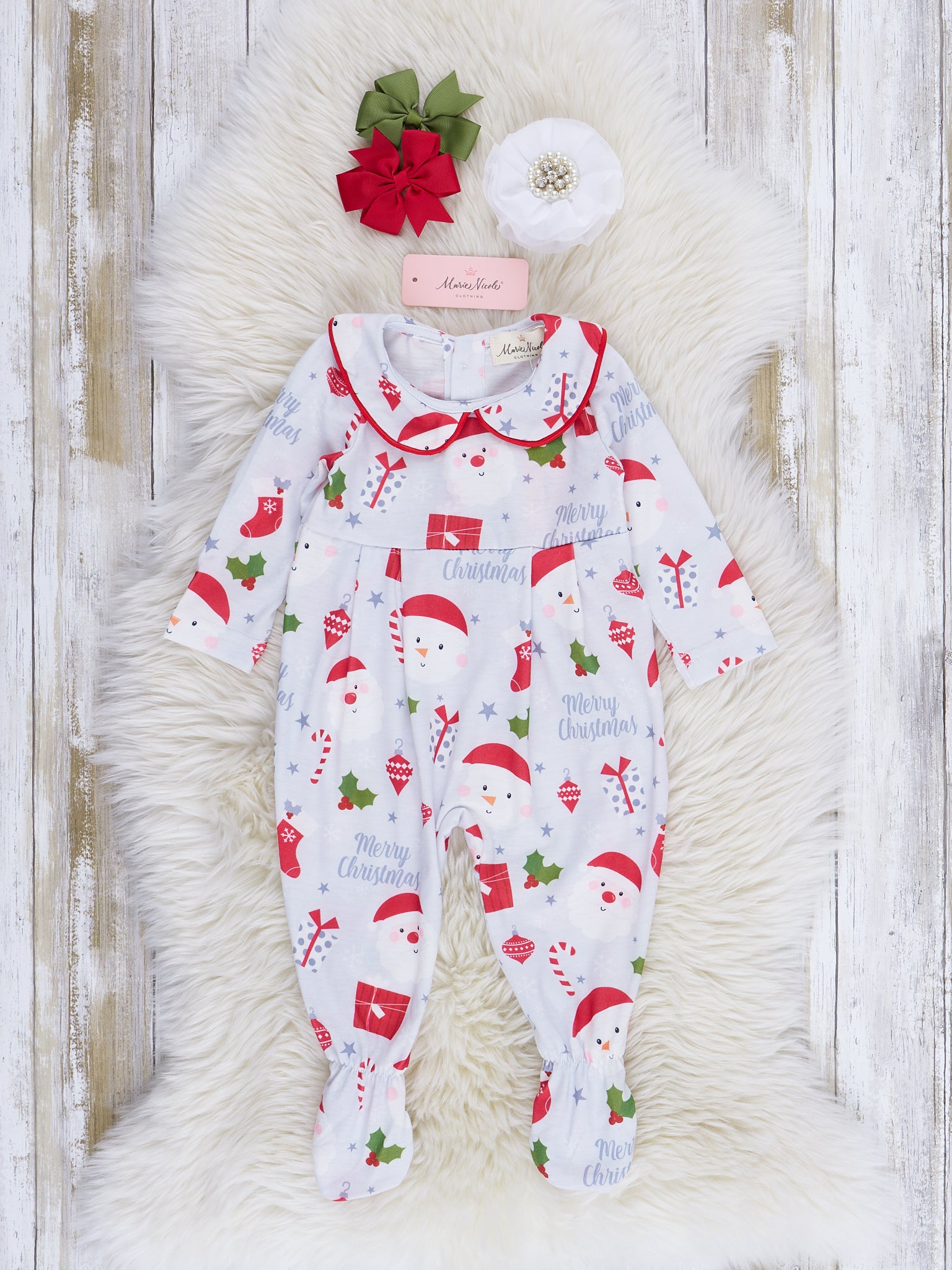 Grey & Red Holly Christmas Footed Sleeper Pajamas - Marie Nicole Clothing