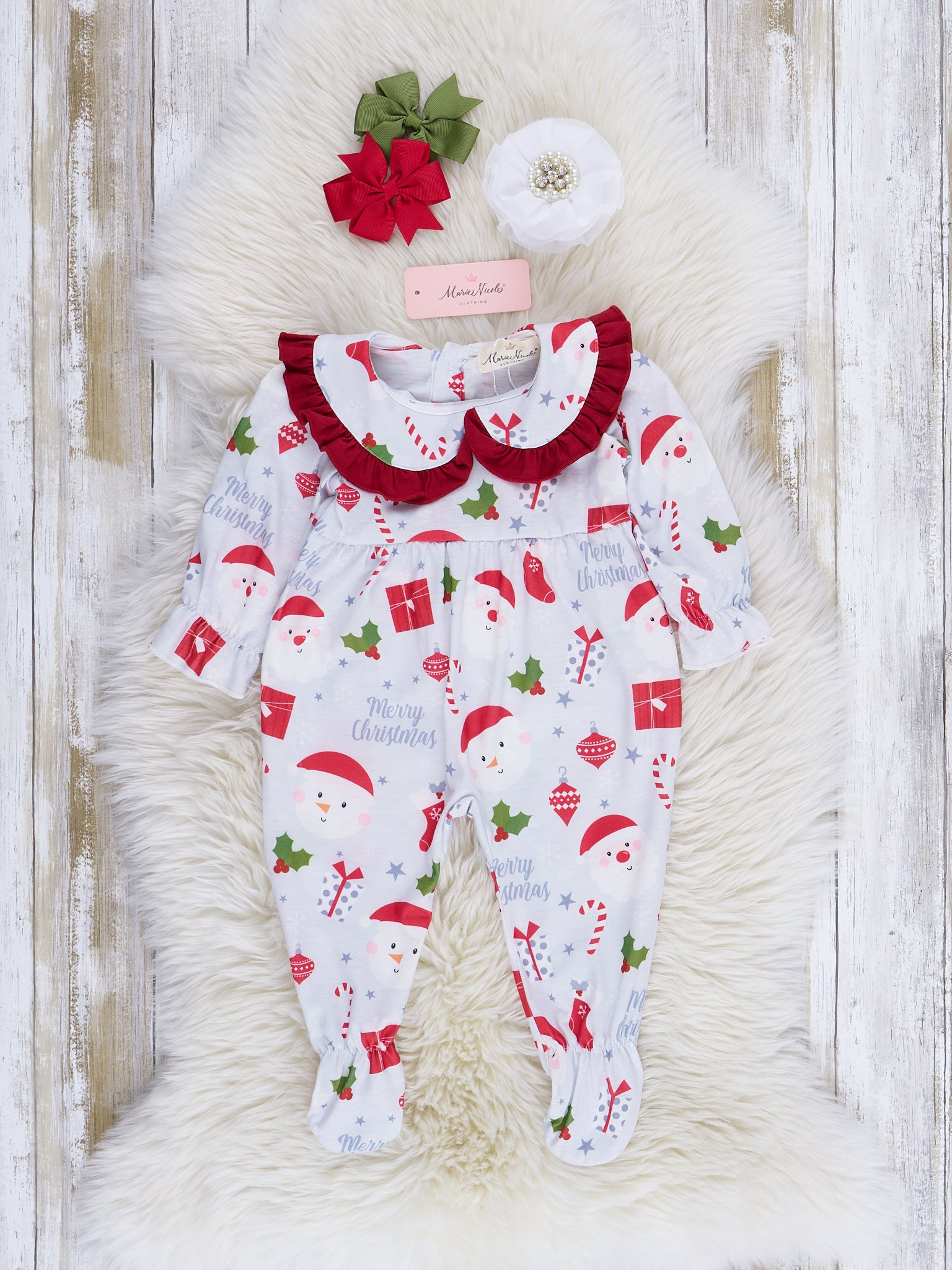 Grey & Red Holly Christmas Ruffle Footed Sleeper Pajamas - Marie Nicole Clothing