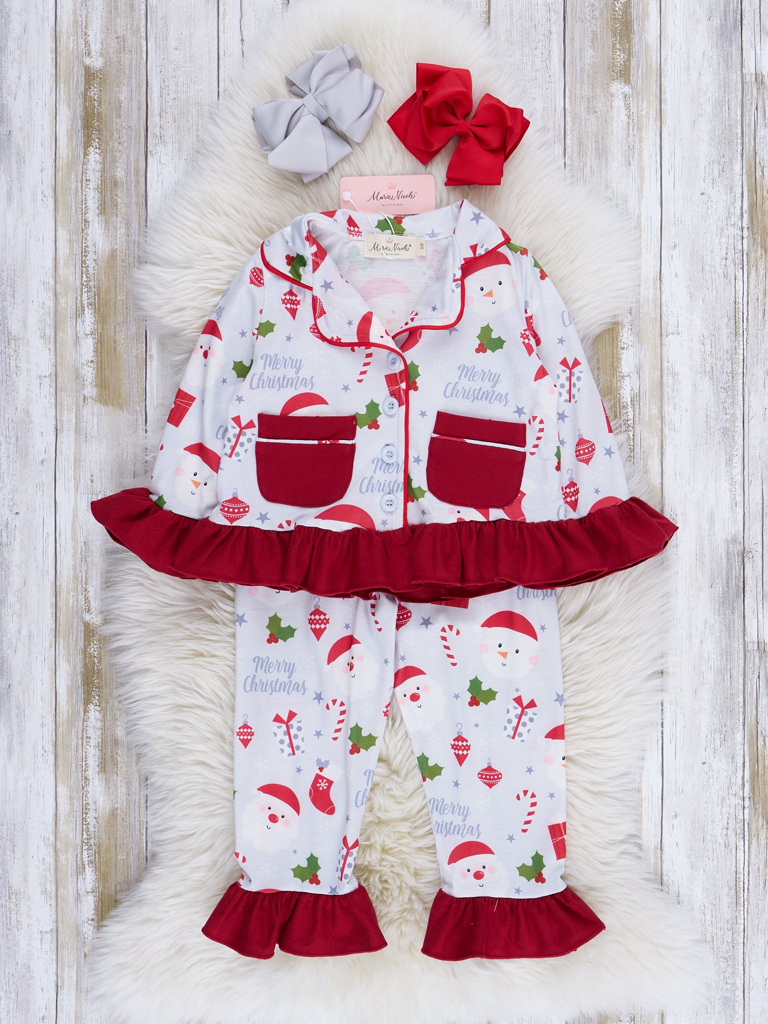 Grey & Red Holly Christmas Ruffle Pajamas - Marie Nicole Clothing
