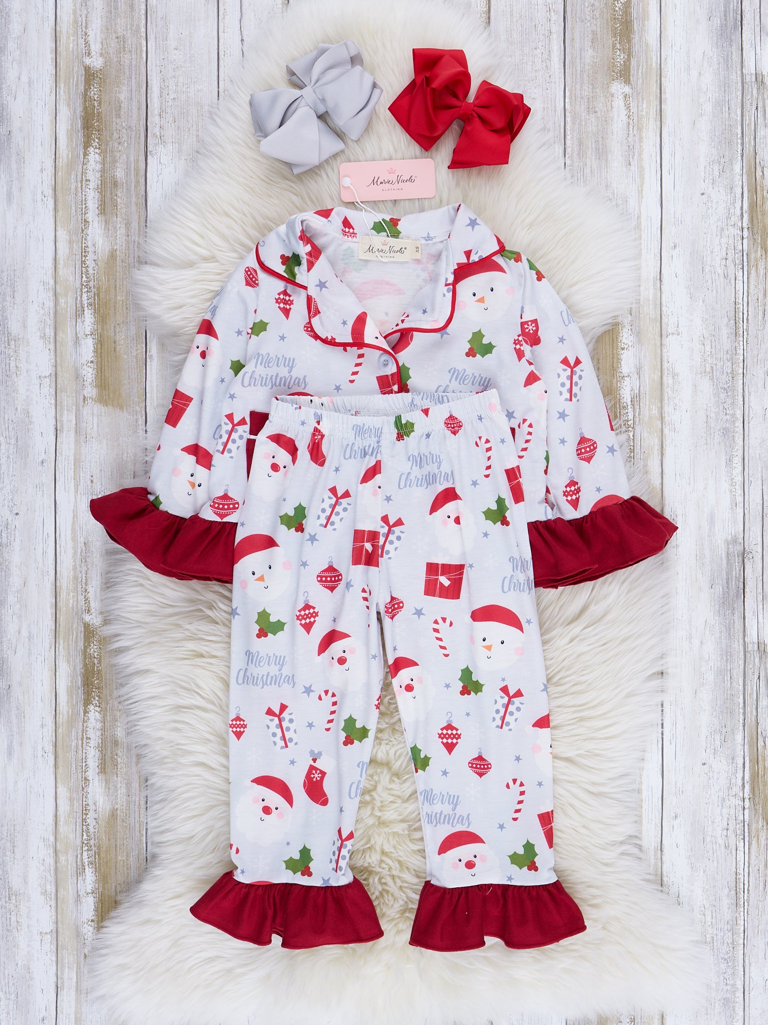 Grey & Red Holly Christmas Ruffle Pajamas - Marie Nicole Clothing