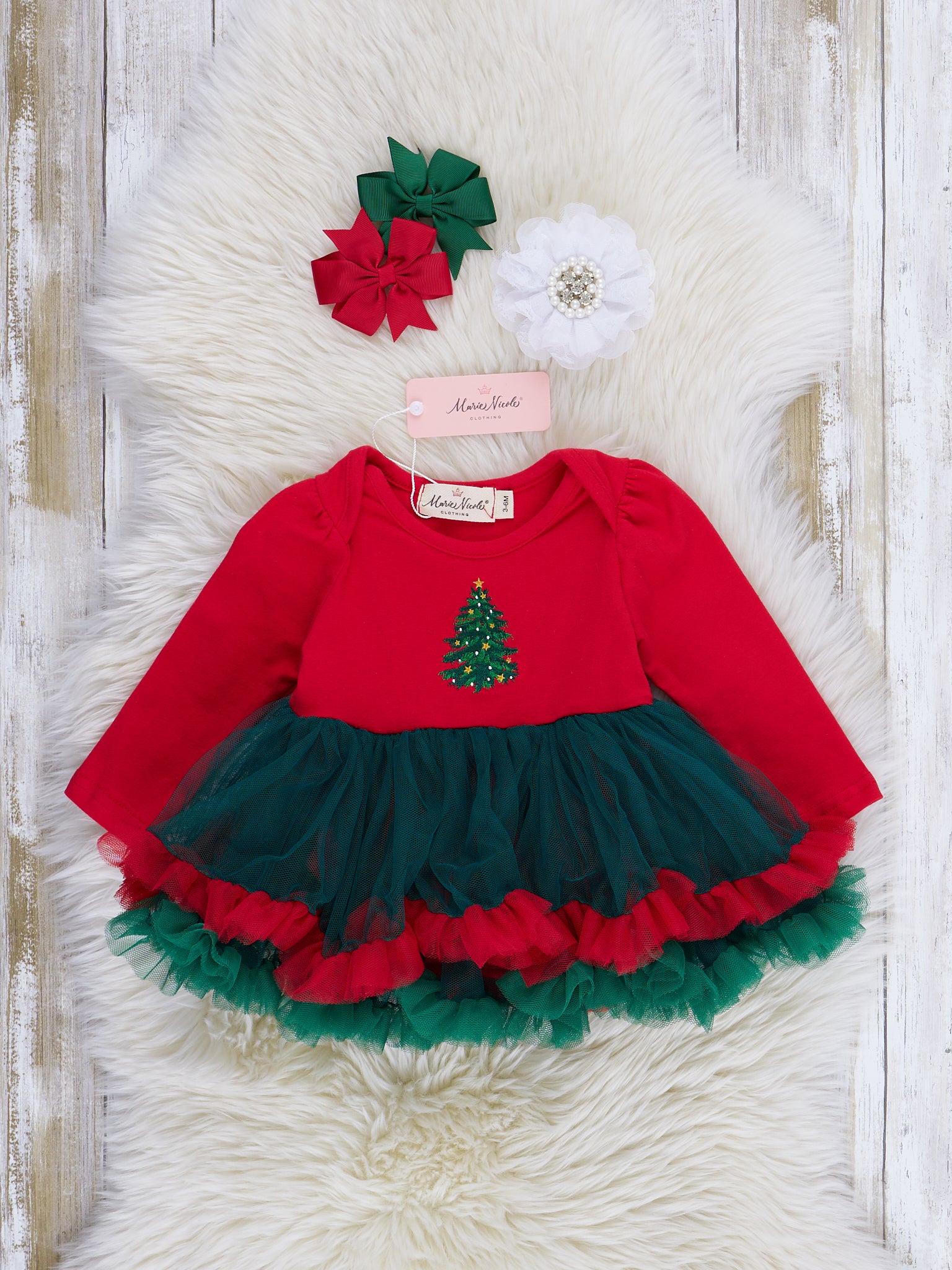 Red & Green Tree Tiered Tulle Bubble Romper - Marie Nicole Clothing