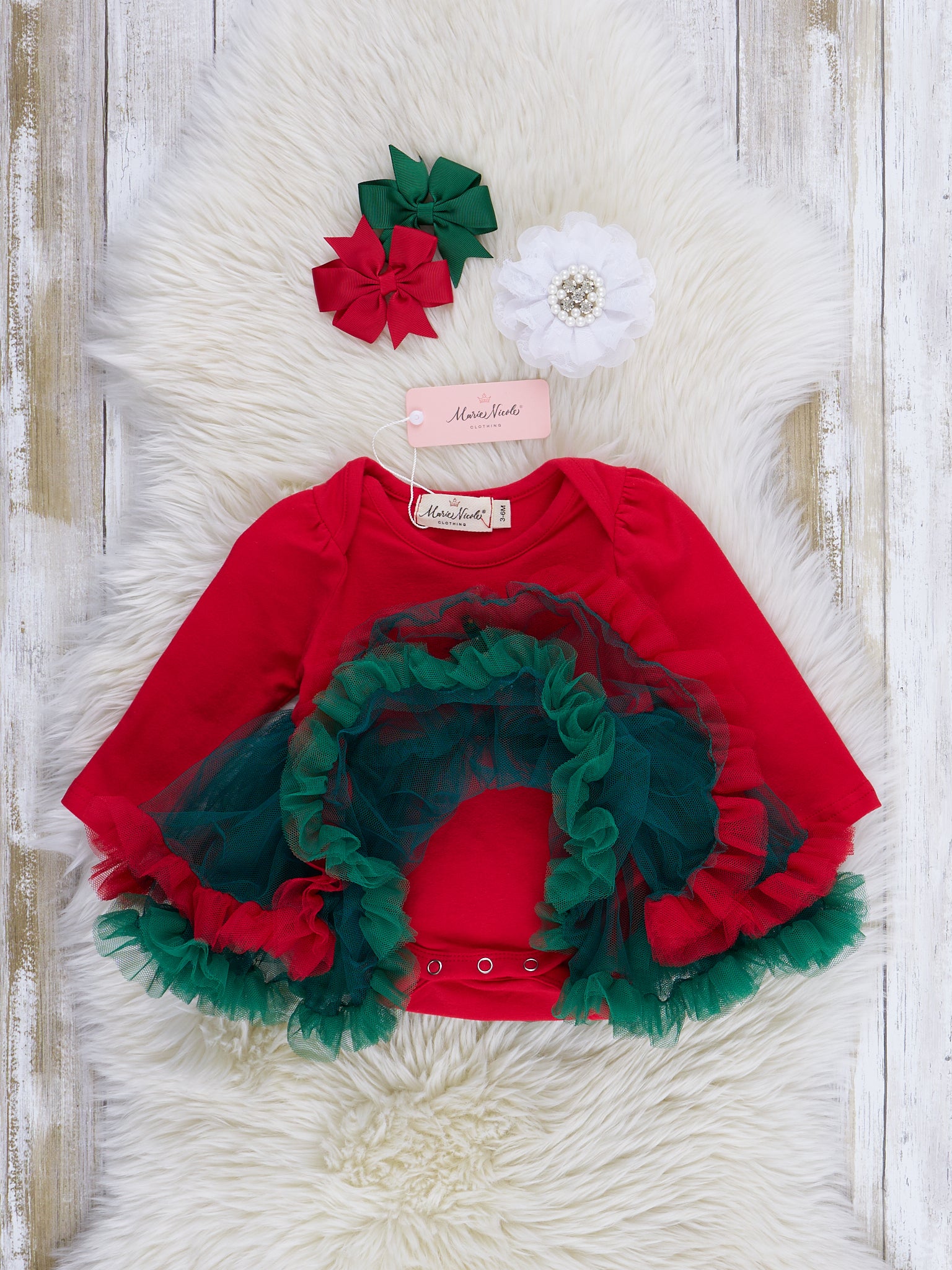 Red & Green Tree Tiered Tulle Bubble Romper - Marie Nicole Clothing
