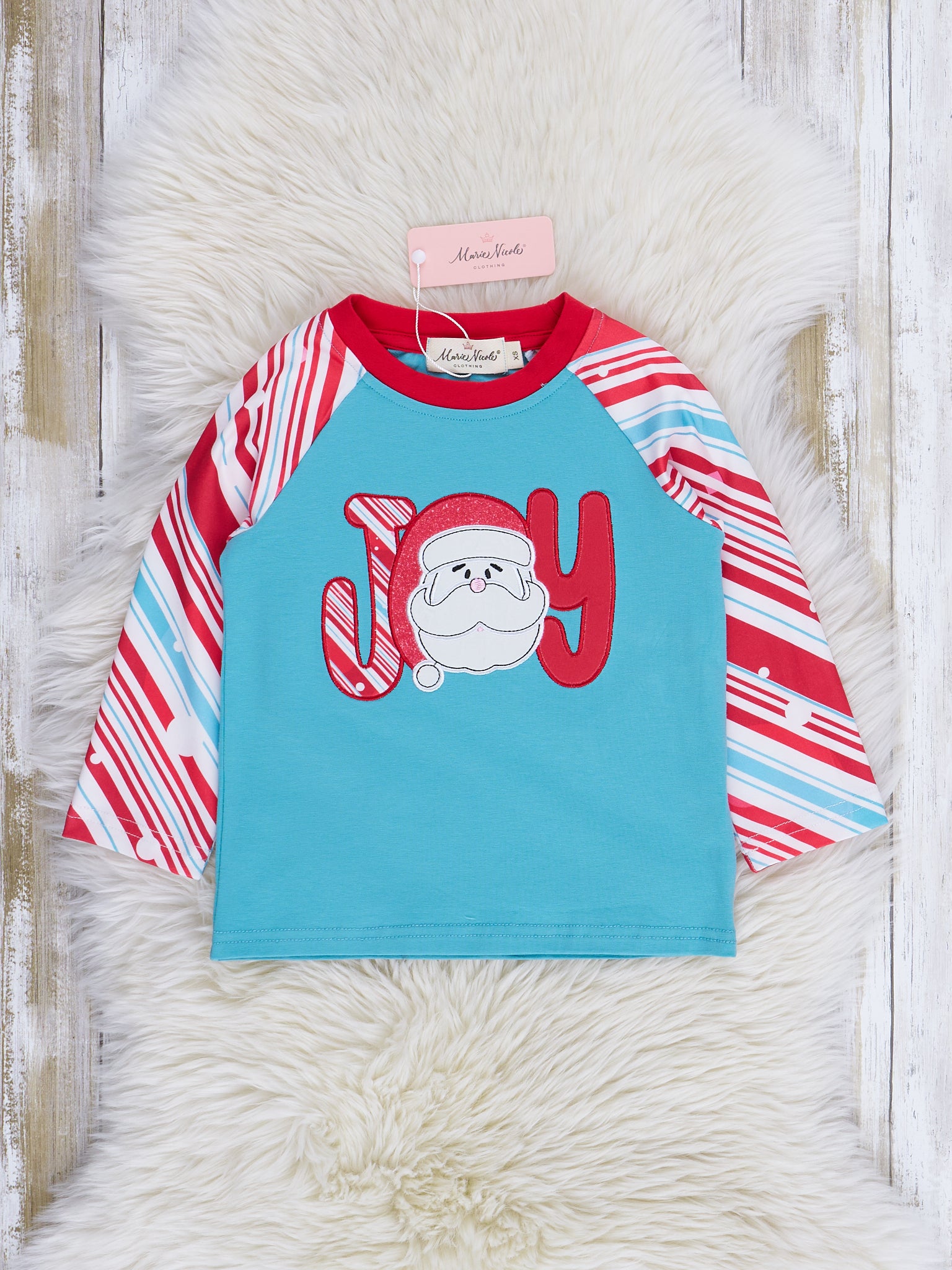 Candy Stripe Joy Raglan Sleeve Shirt - Marie Nicole Clothing