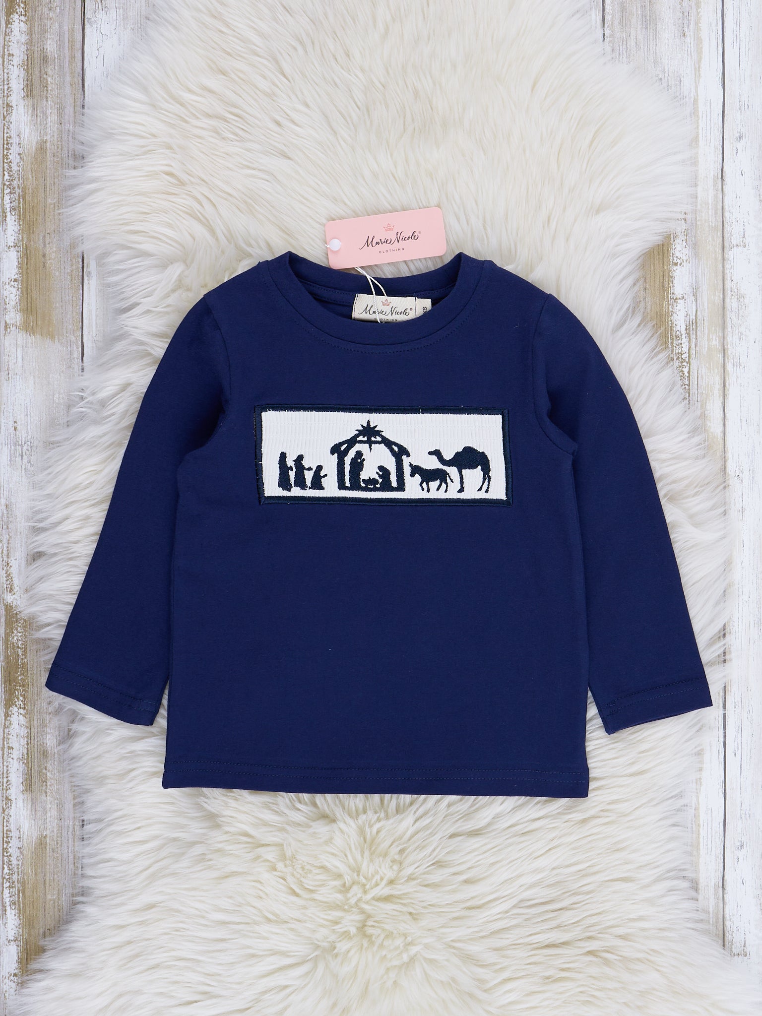Midnight Blue Smocked Nativity Crew Neck - Marie Nicole Clothing