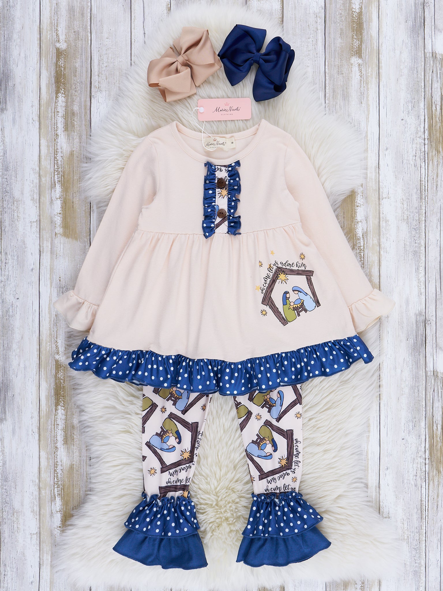 Cream & Blue Dots Nativity Ruffle Outfit - Marie Nicole Clothing
