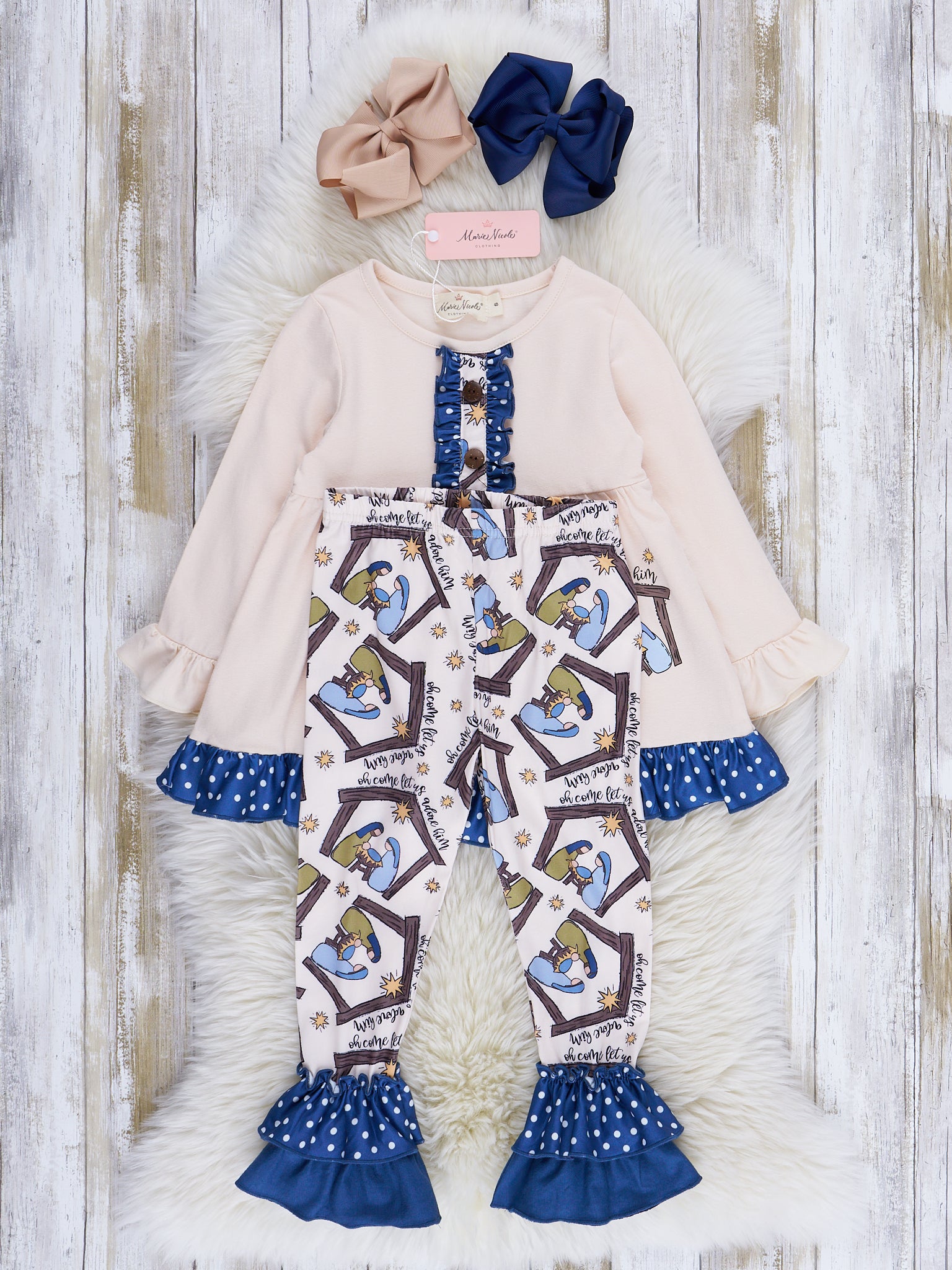 Cream & Blue Dots Nativity Ruffle Outfit - Marie Nicole Clothing