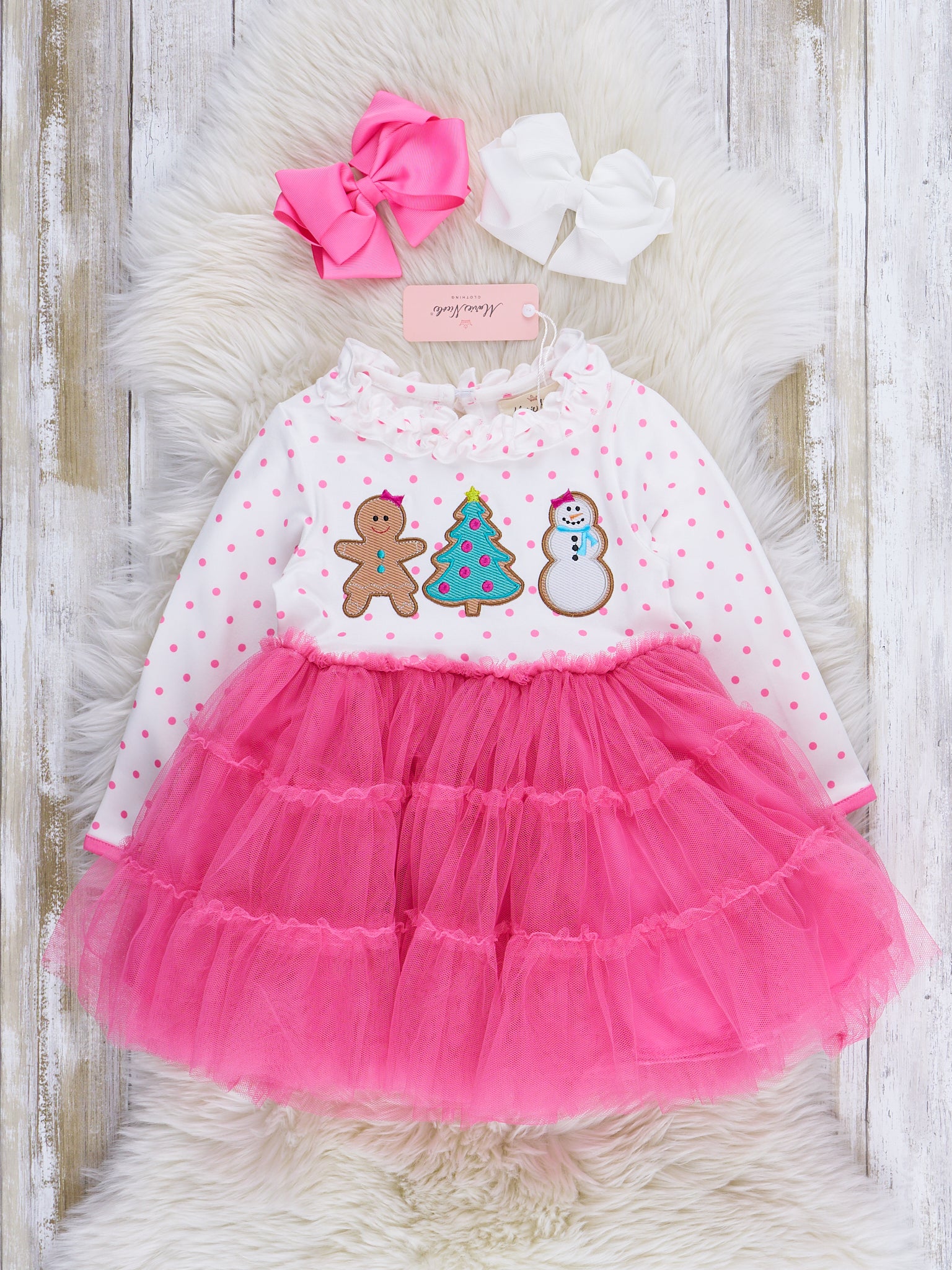 Pink Polka Dots Embroidered Christmas Tulle Dress - Marie Nicole Clothing