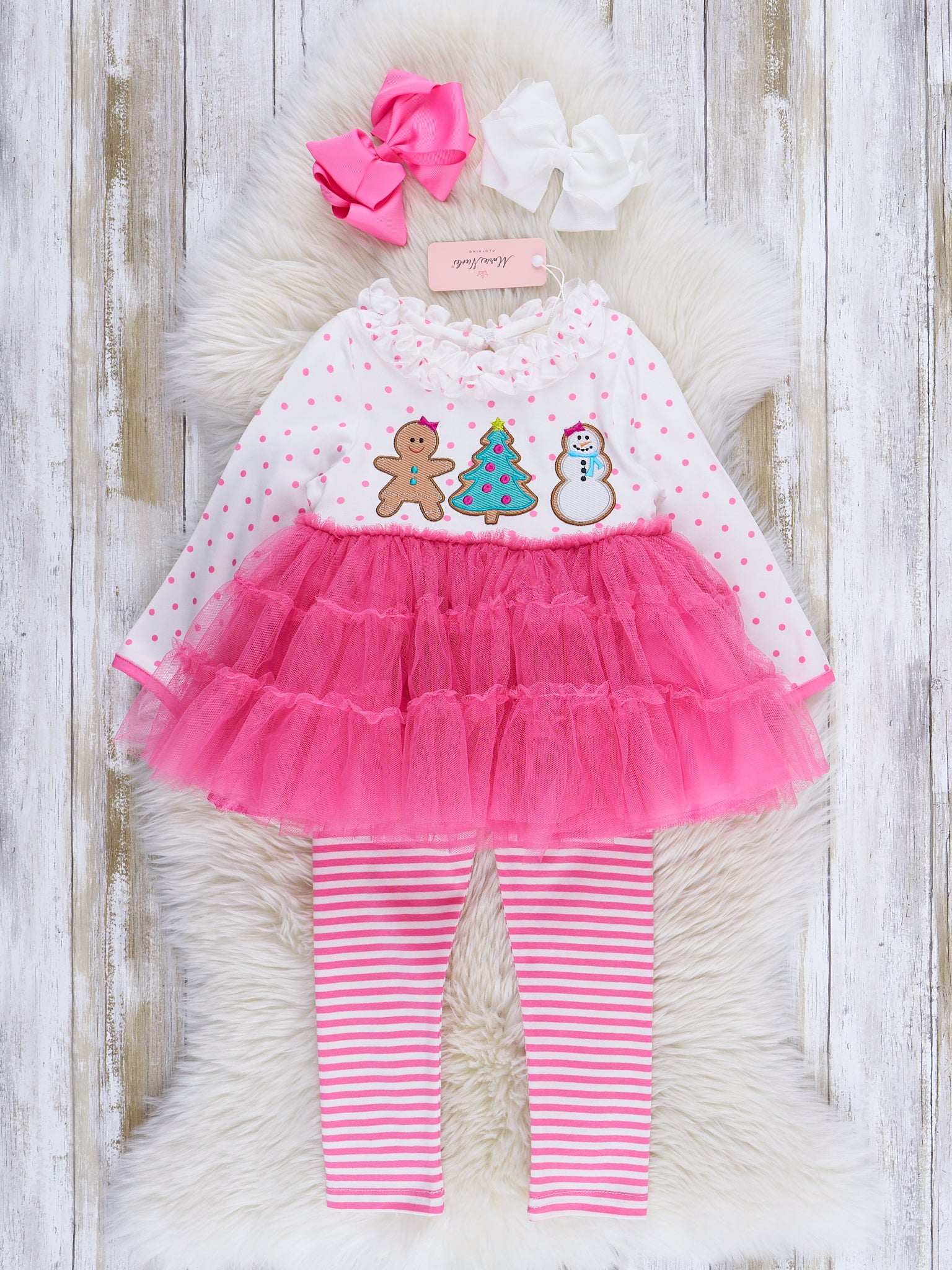 Pink Polka Dots Embroidered Christmas Tulle Outfit - Marie Nicole Clothing