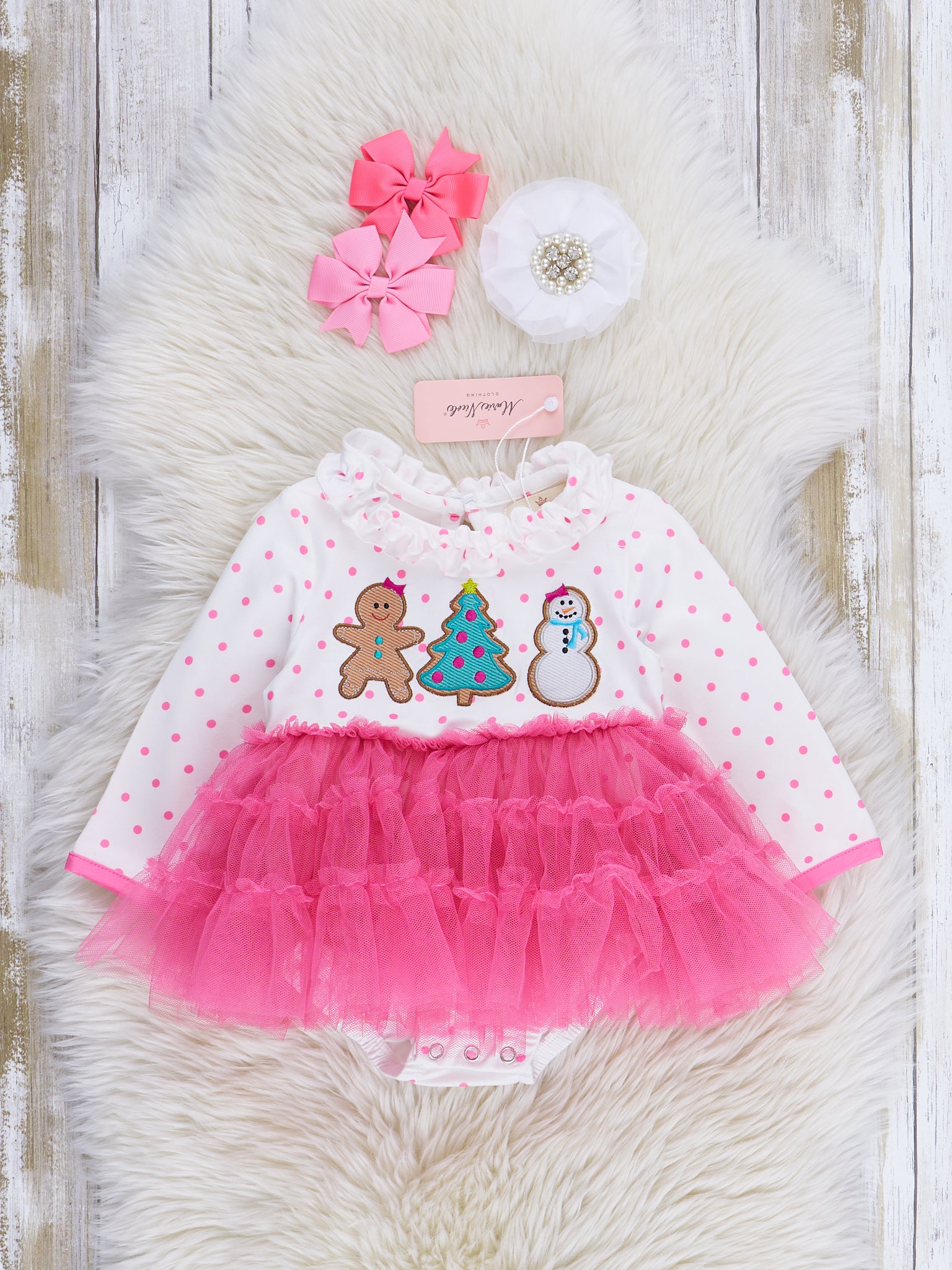 Pink Polka Dots Embroidered Christmas Tulle Bubble Romper - Marie Nicole Clothing