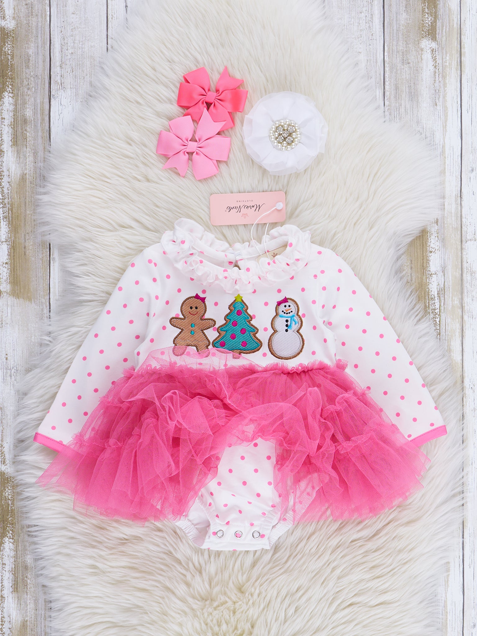 Pink Polka Dots Embroidered Christmas Tulle Bubble Romper - Marie Nicole Clothing