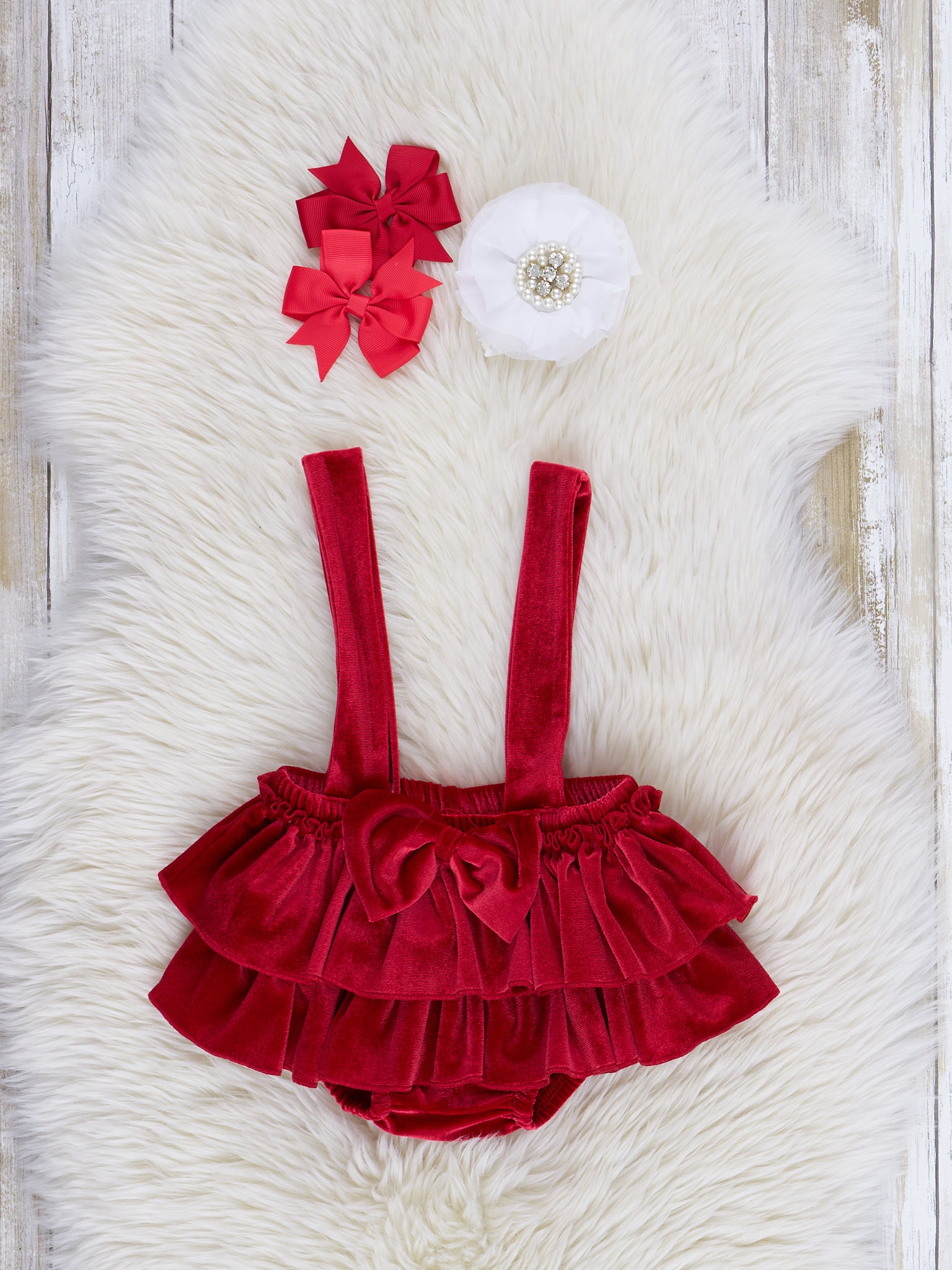 Holiday Cheer Velvet Bloomer Overalls - Marie Nicole Clothing