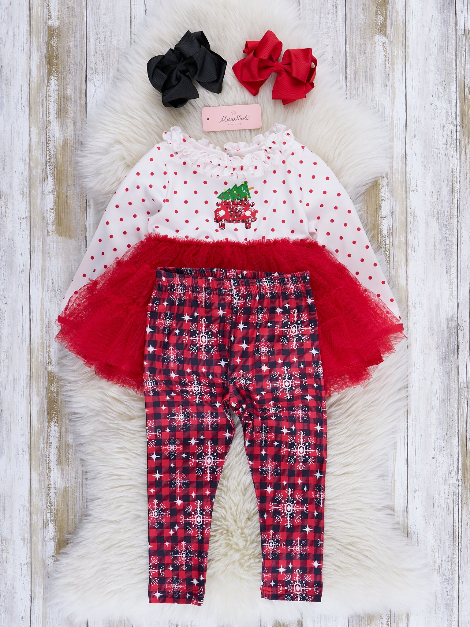 Red Plaid & Snowflakes Tulle Outfit - Marie Nicole Clothing