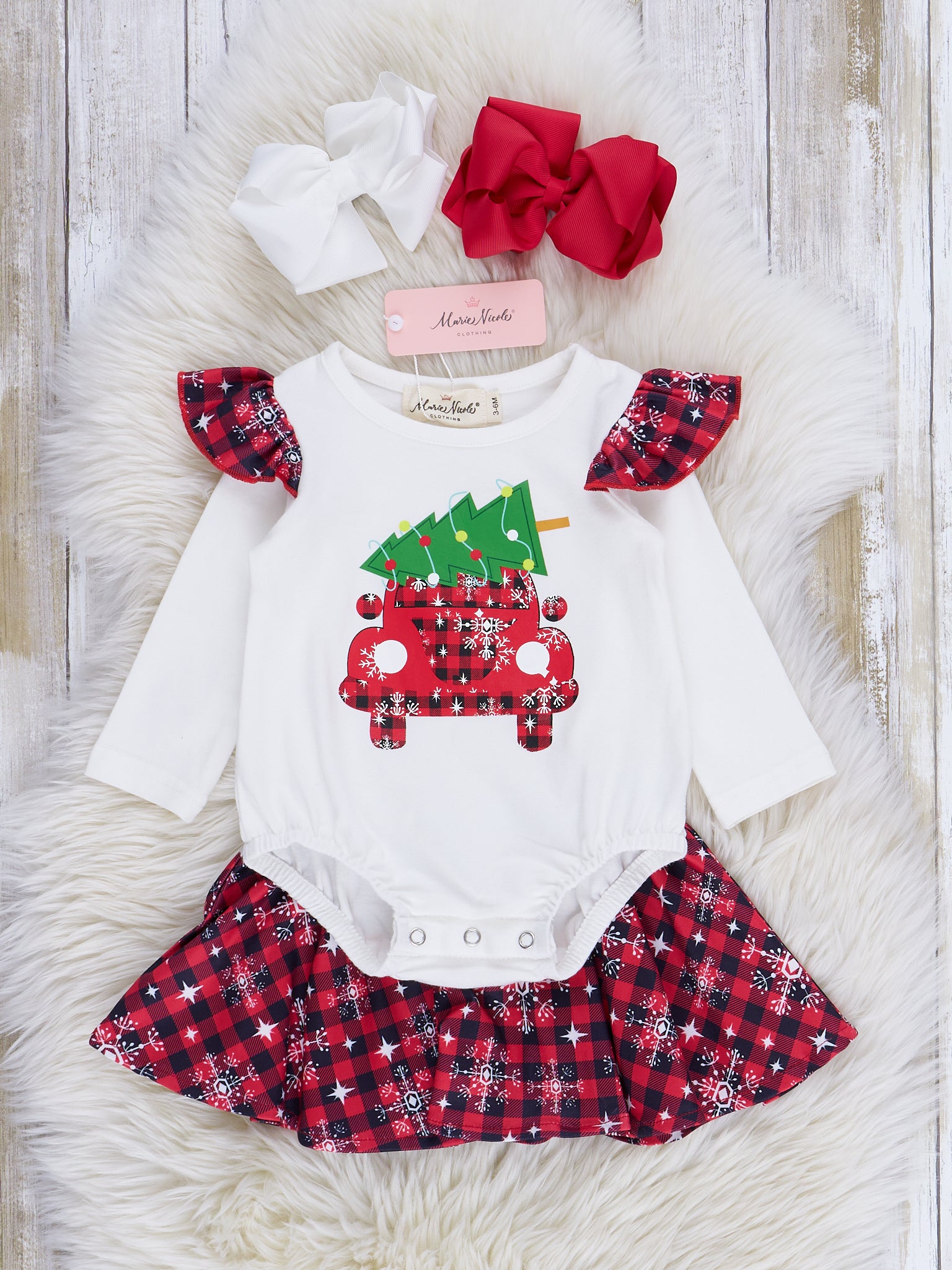 Red Plaid & Snowflakes Bubble w/ Skirt - Marie Nicole Clothing