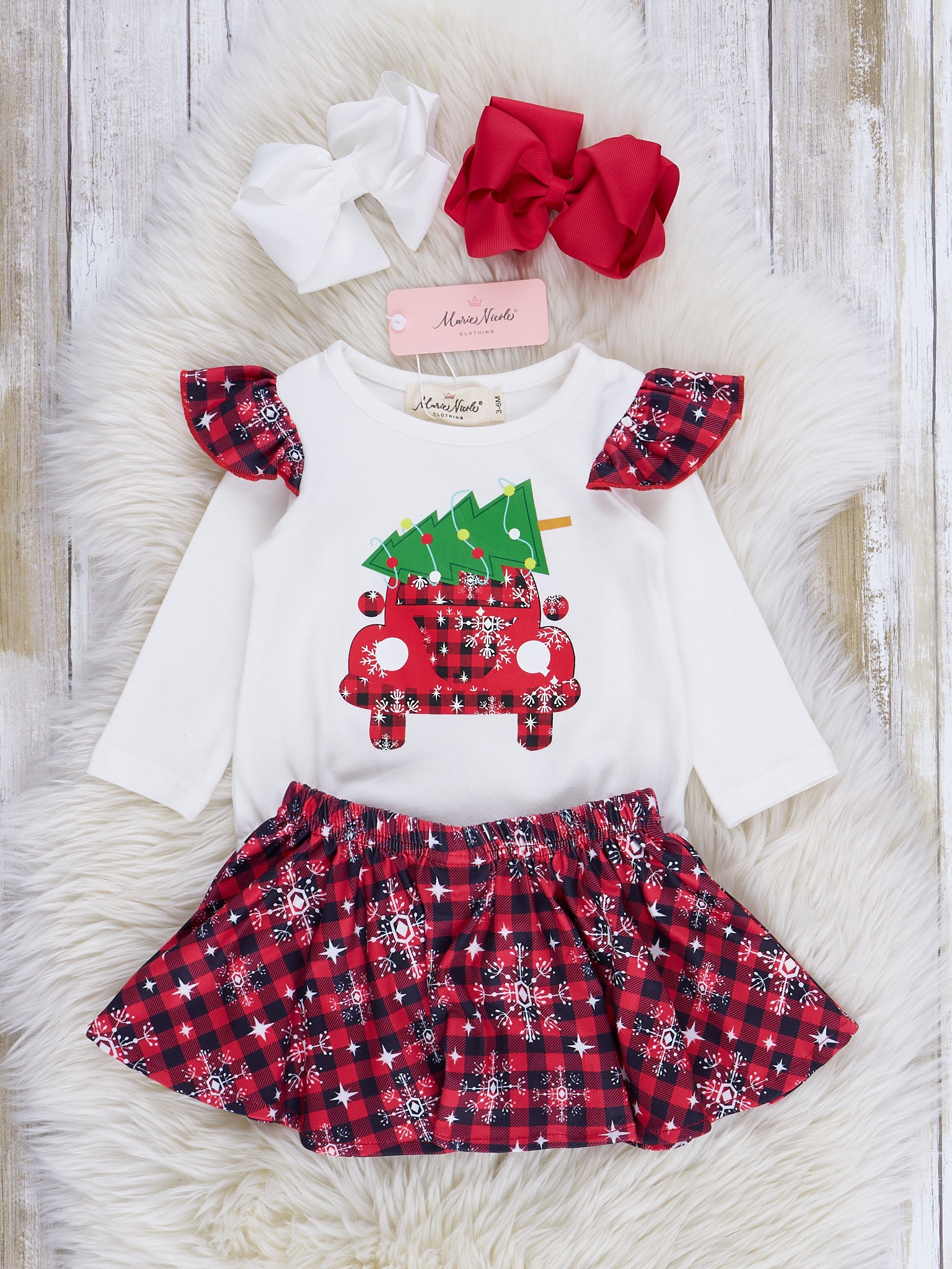 Red Plaid & Snowflakes Bubble w/ Skirt - Marie Nicole Clothing