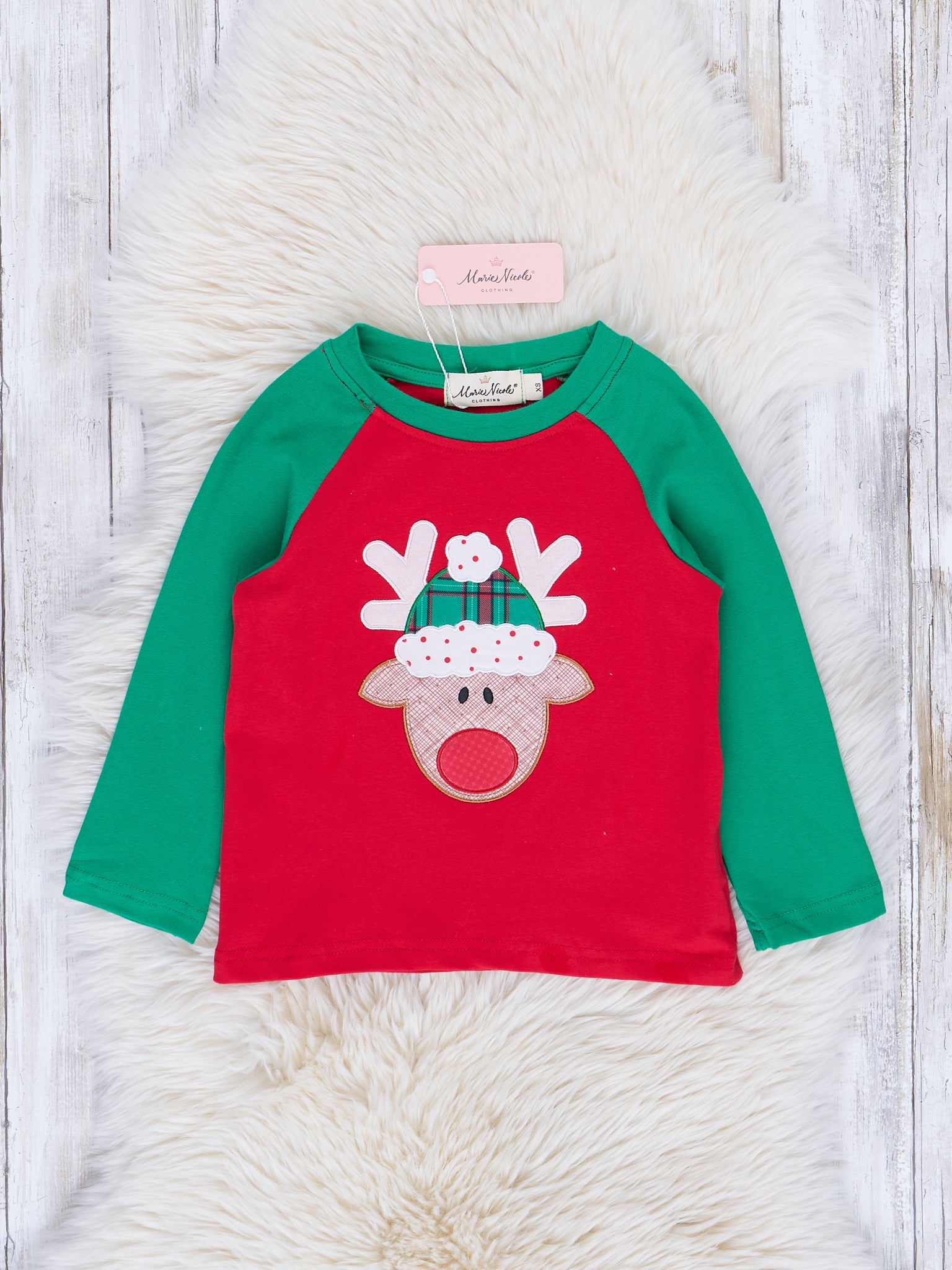 Red & Green Embroidered Reindeer Raglan Shirt - Marie Nicole Clothing