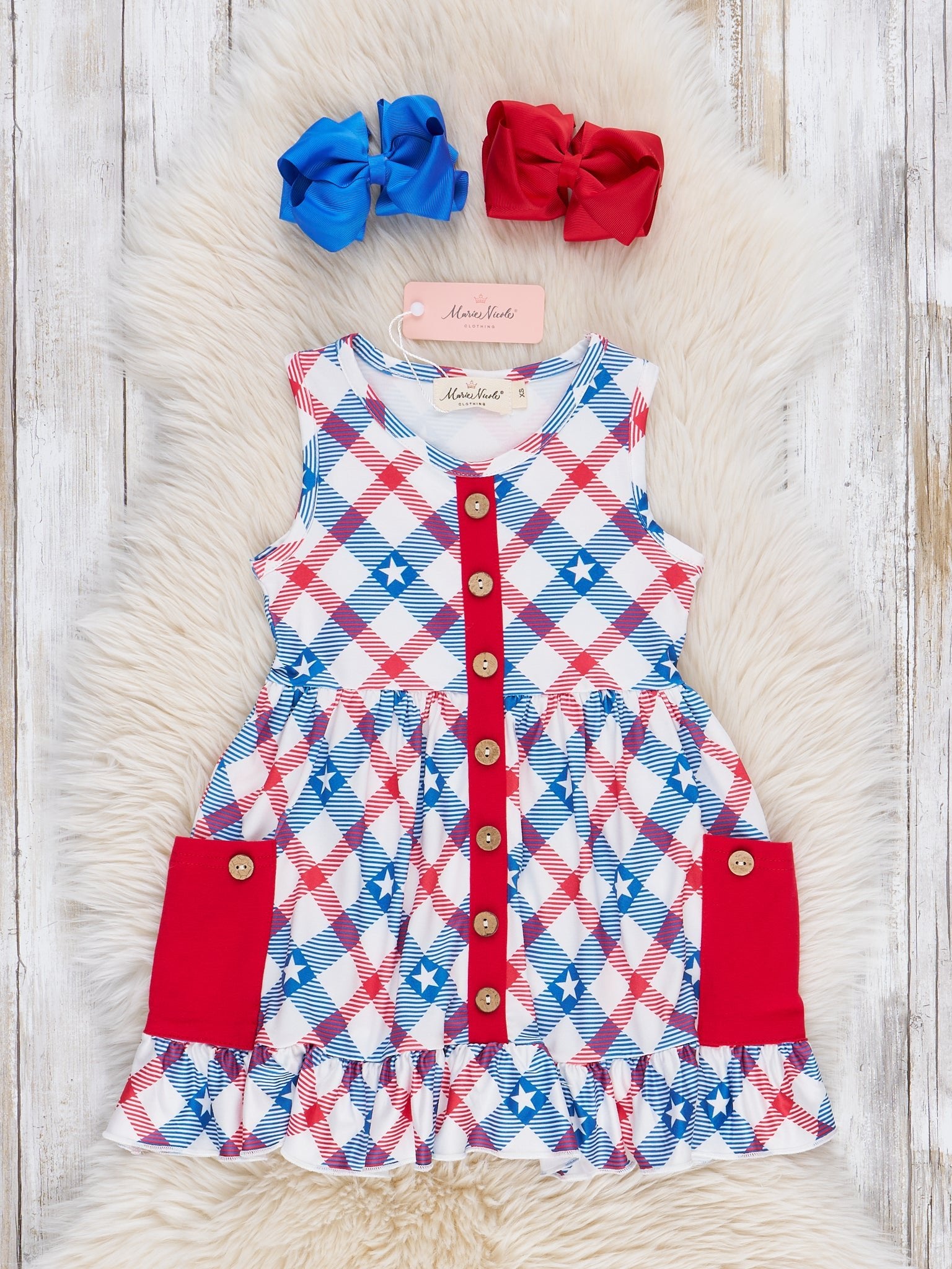 Gingham Stars Pocket Ruffle Dress - Marie Nicole Clothing