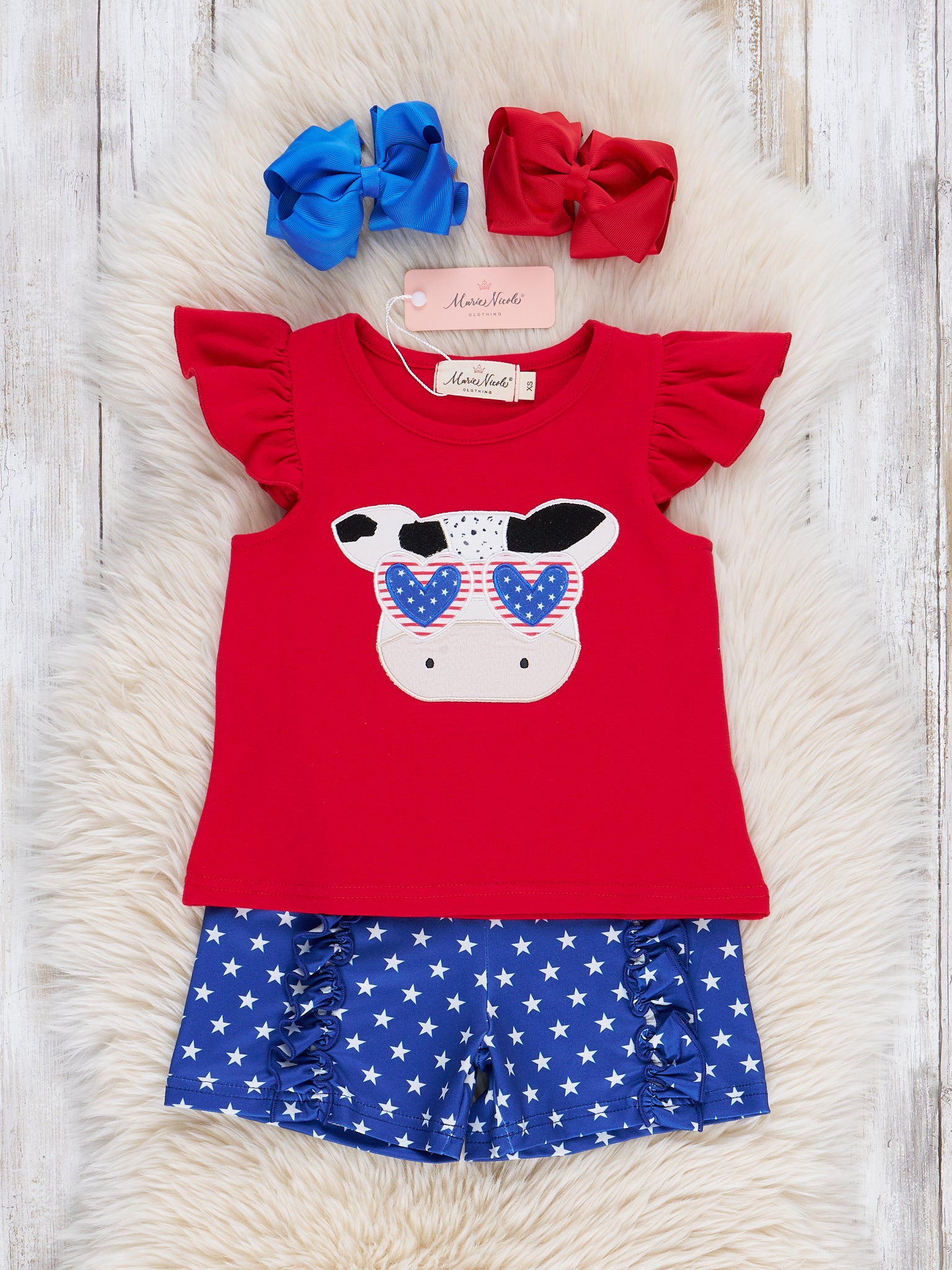 Cool Patriotic Cow Embroidered Ruffle Outfit - Marie Nicole Clothing