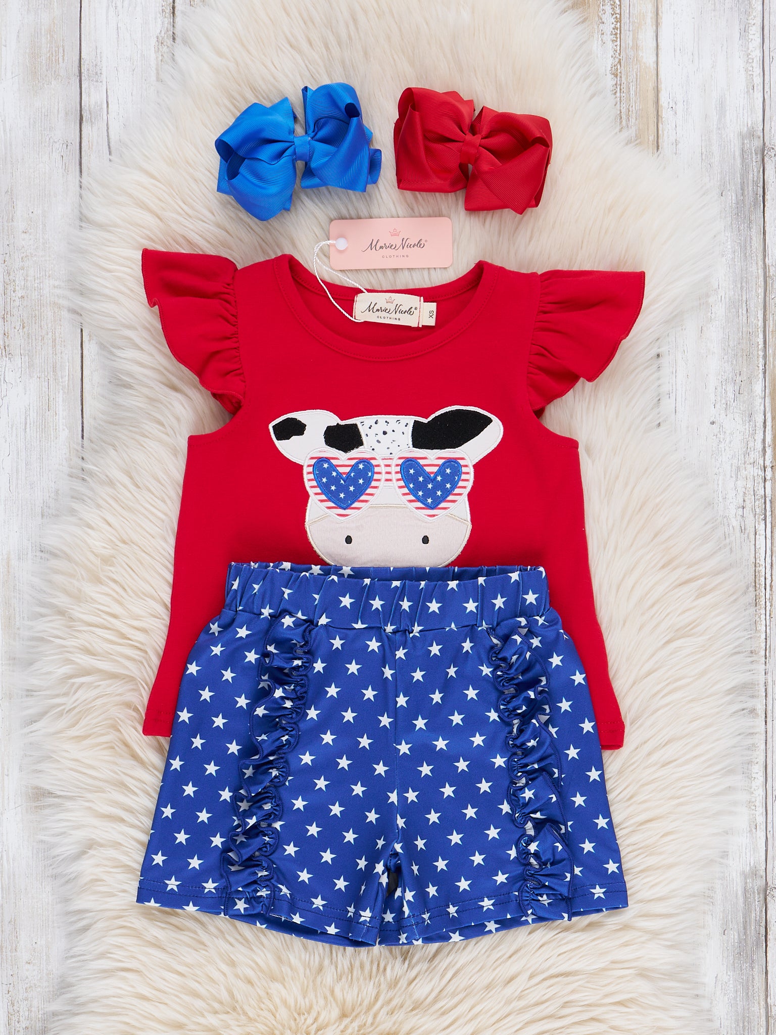 Cool Patriotic Cow Embroidered Ruffle Outfit - Marie Nicole Clothing