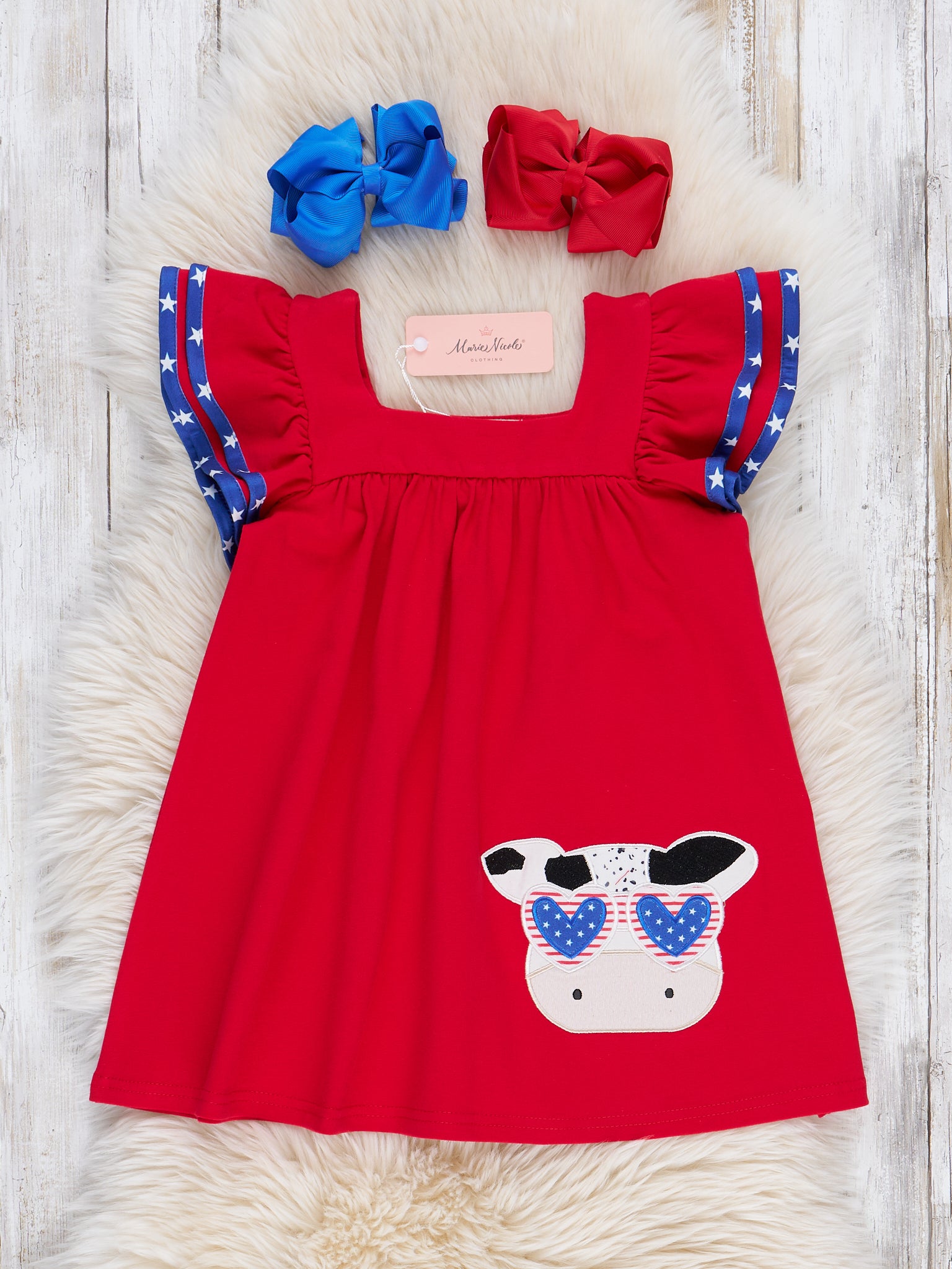Cool Patriotic Cow Embroidered Ruffle Dress - Marie Nicole Clothing