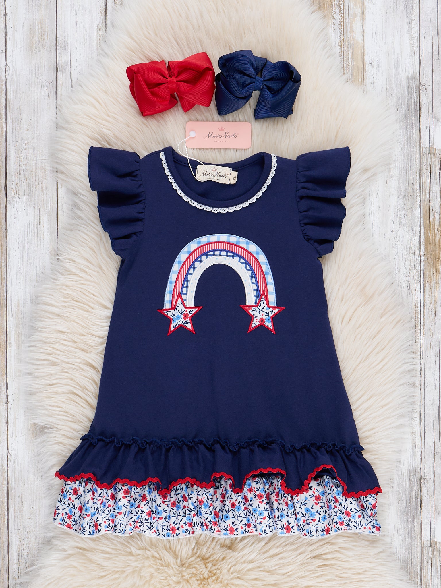 Independence Rainbow Embroidered Ruffle Dress - Marie Nicole Clothing