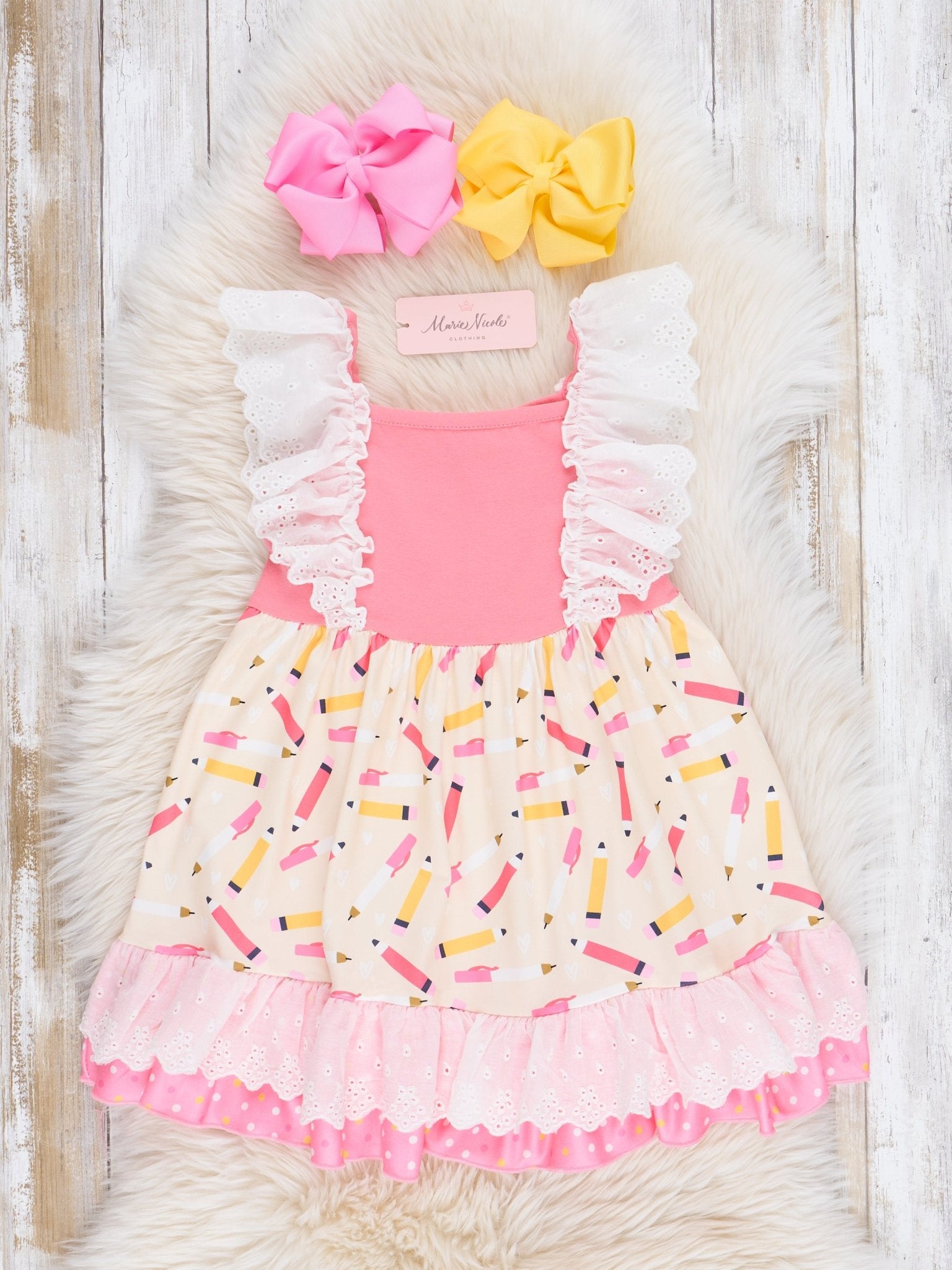 Pink & Yellow Pencils Lace Ruffle Dress - Marie Nicole Clothing