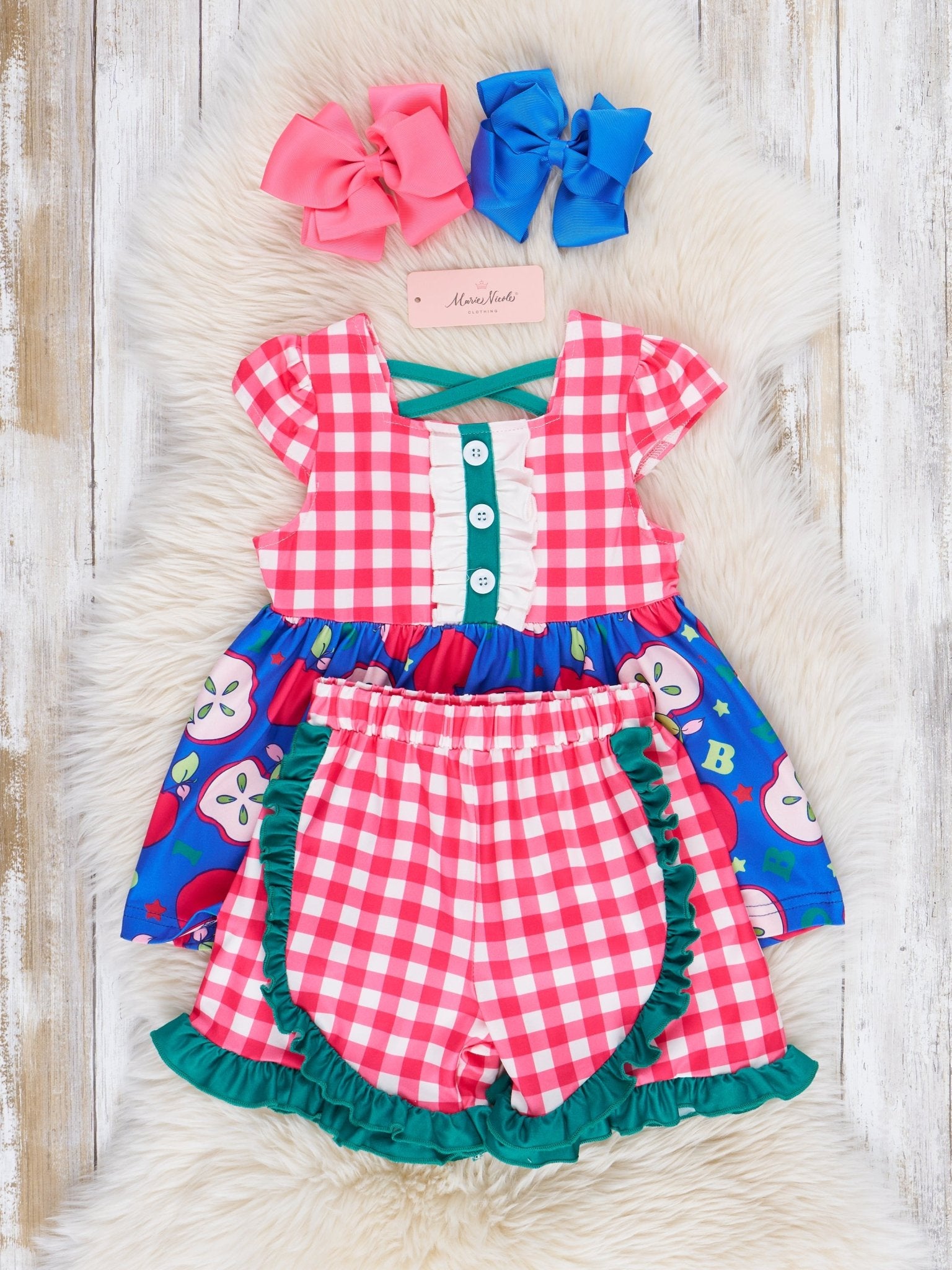 Red Gingham & Blue Apple Ruffle Outfit - Marie Nicole Clothing