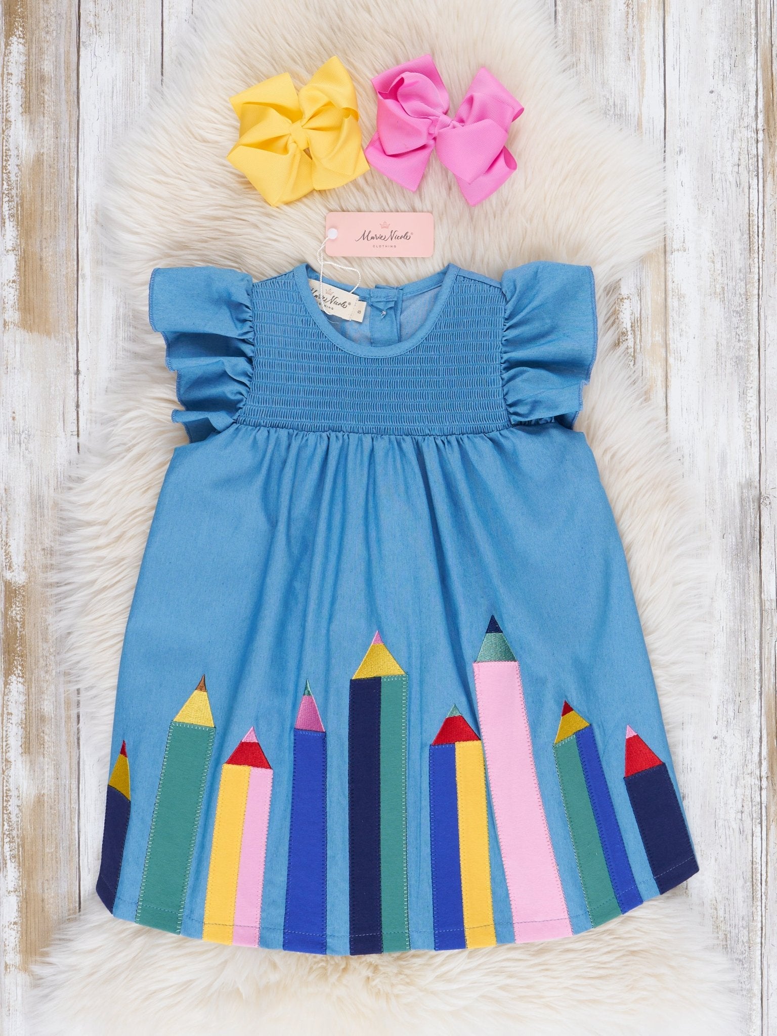 Smocked Chambray Color Pencils Dress - Marie Nicole Clothing