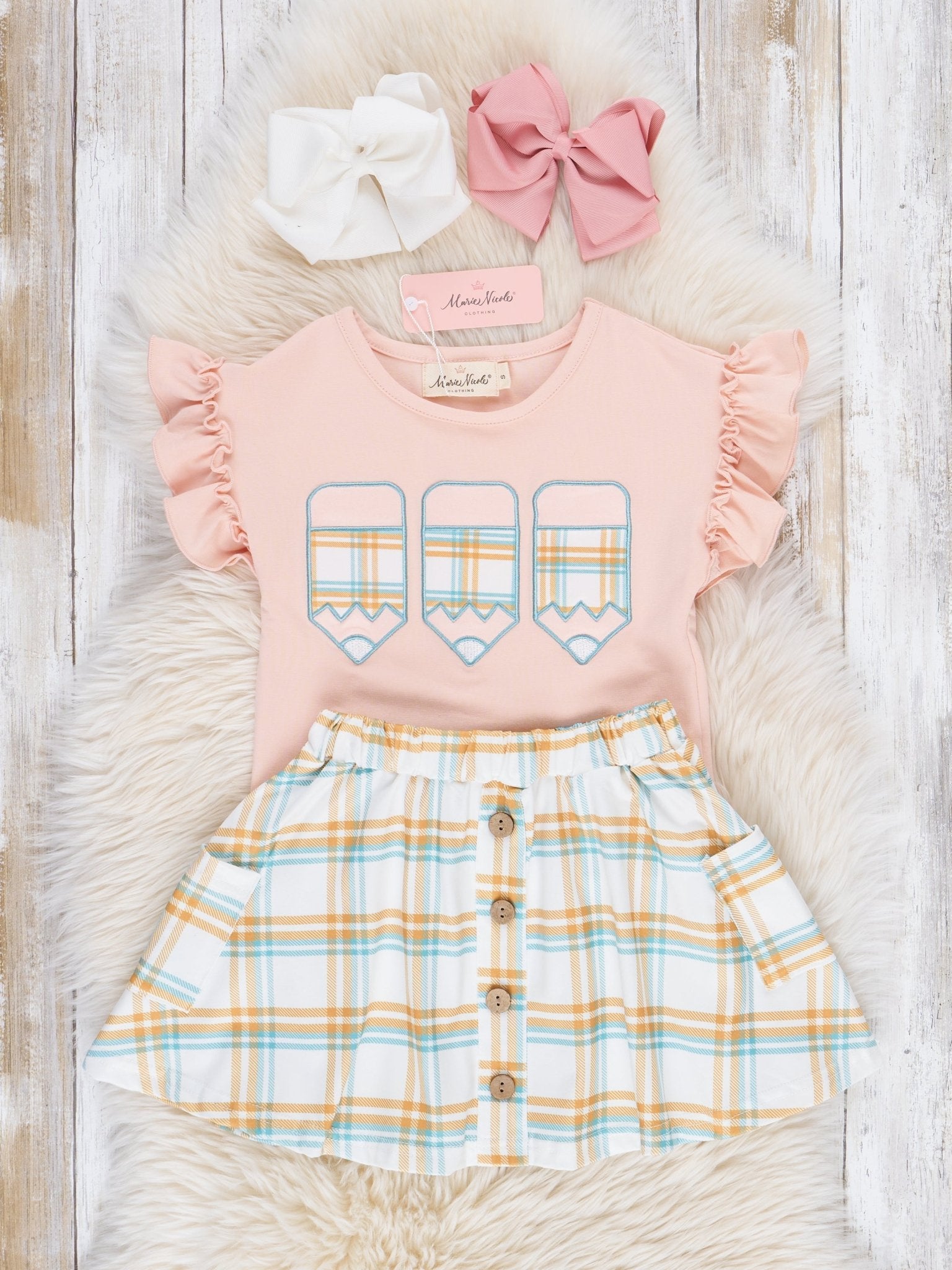 Peach & Green Plaid Outfit w/ Skirt - Marie Nicole Clothing