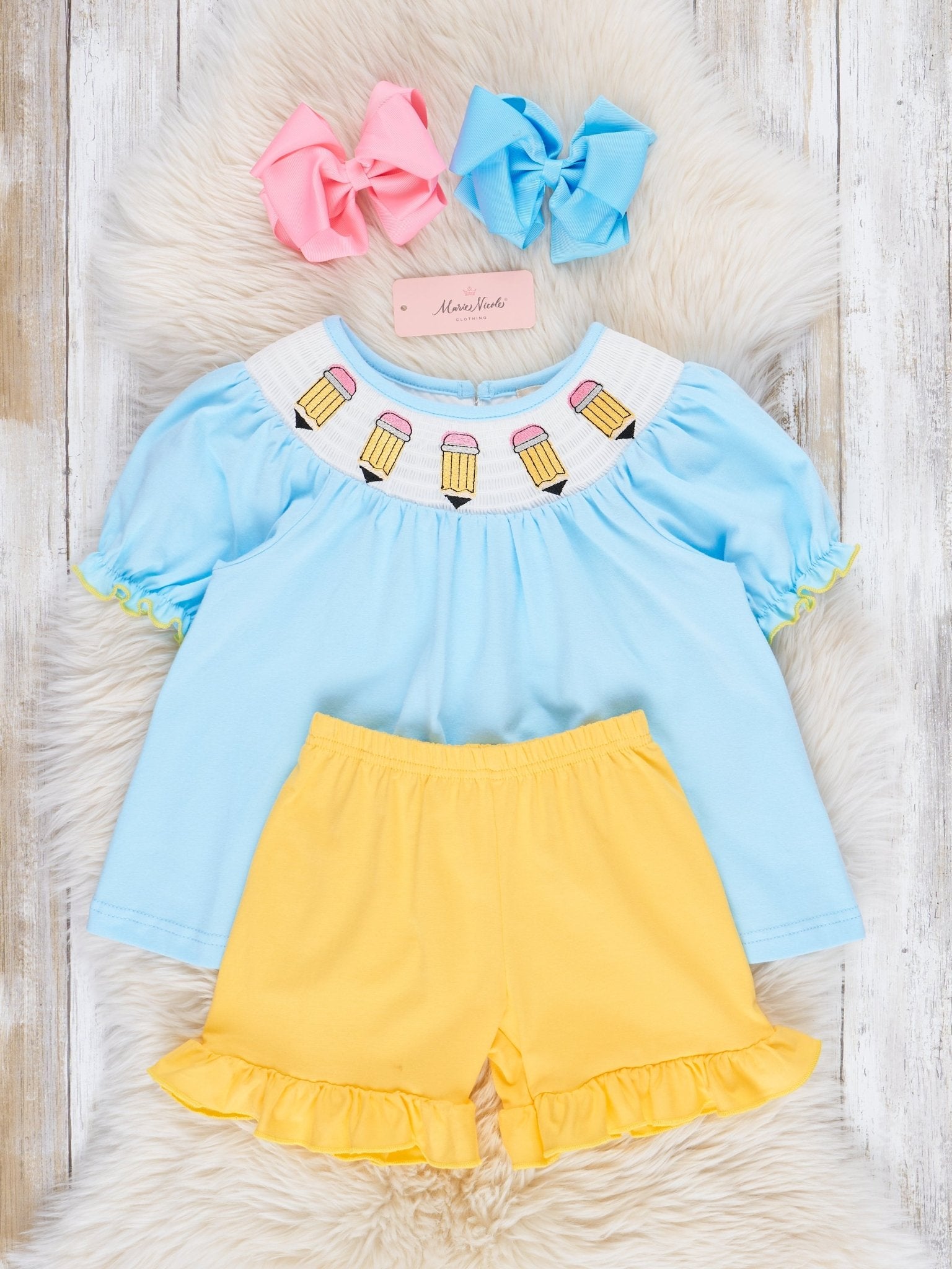 Blue & Yellow Smocked Pencils Outfit - Marie Nicole Clothing