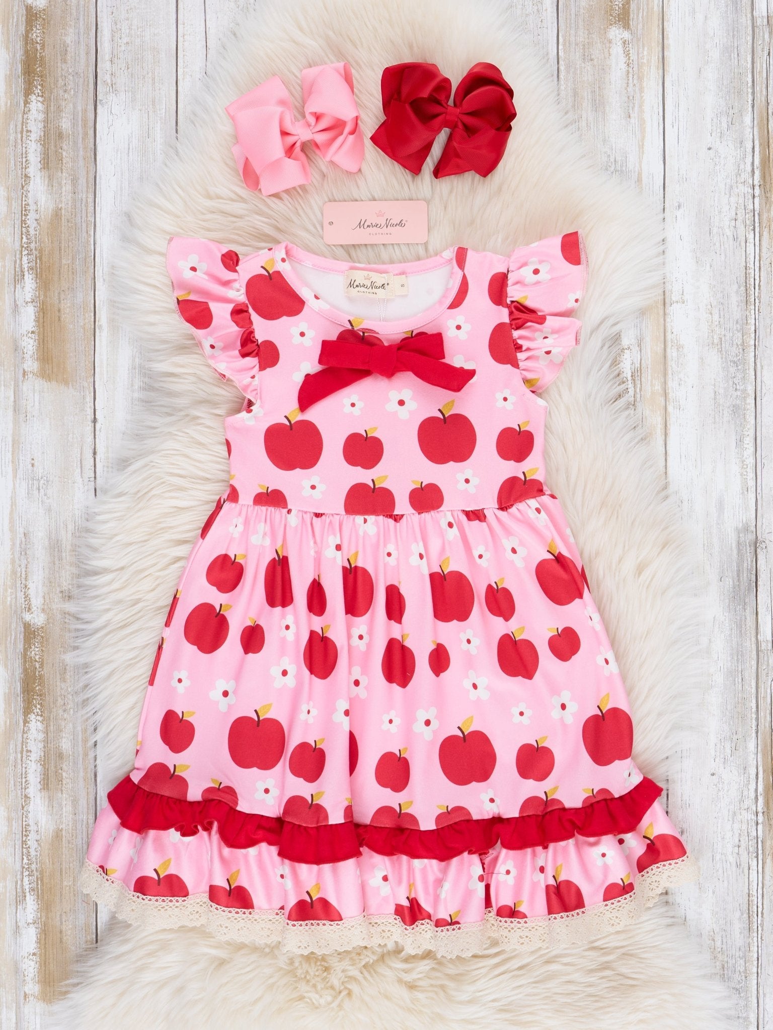 Pink & Red Apples Ruffle Dress - Marie Nicole Clothing