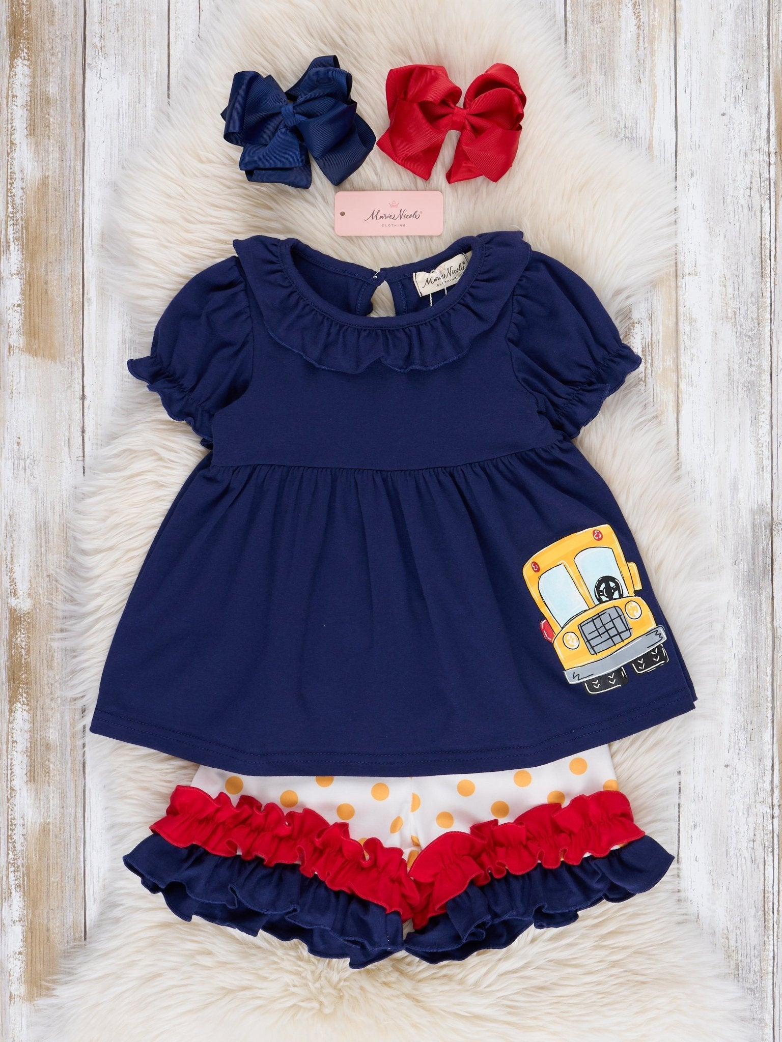 Navy Wheels on the Bus Ruffle Outfit - Marie Nicole Clothing