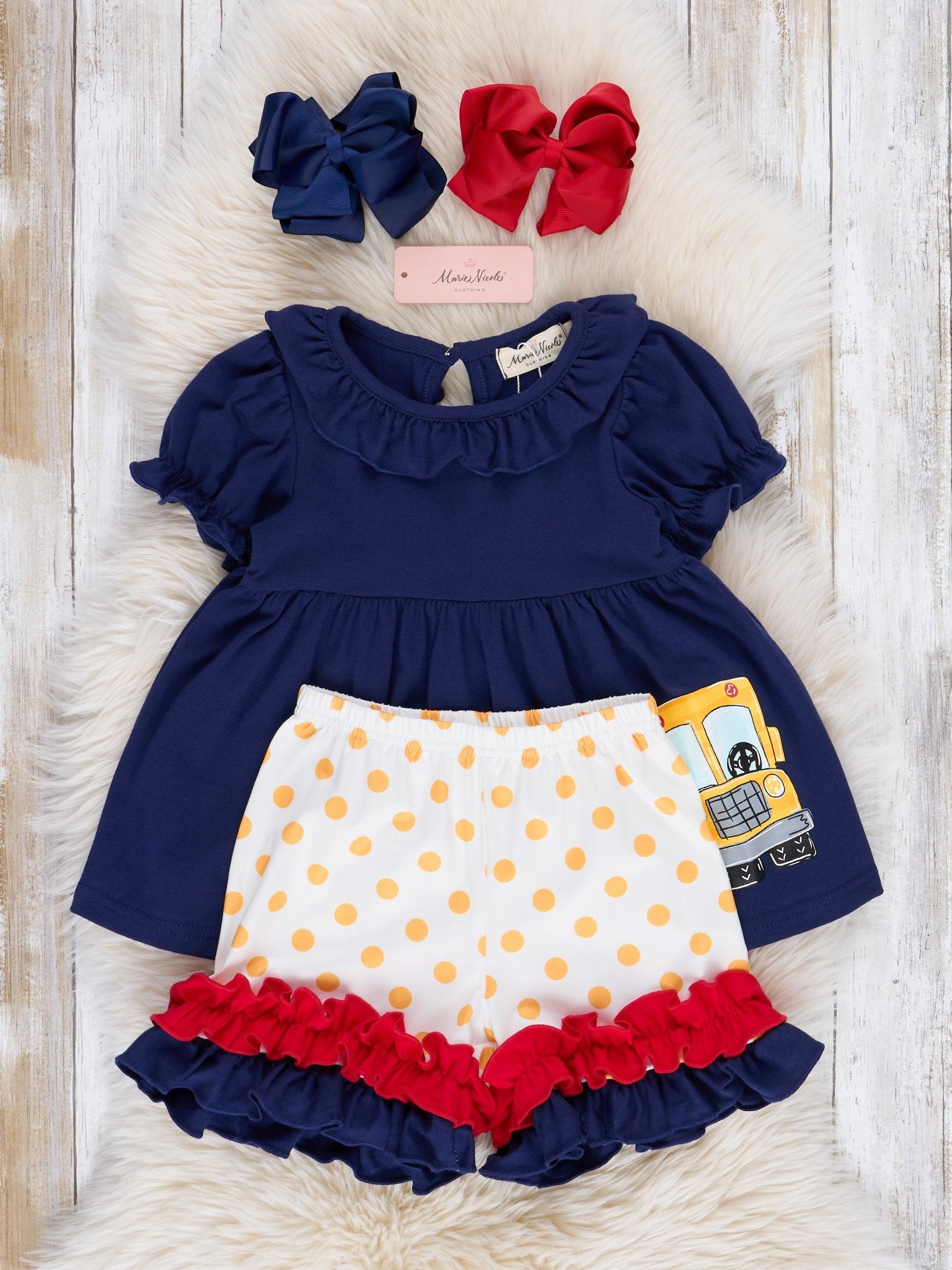 Navy Wheels on the Bus Ruffle Outfit - Marie Nicole Clothing