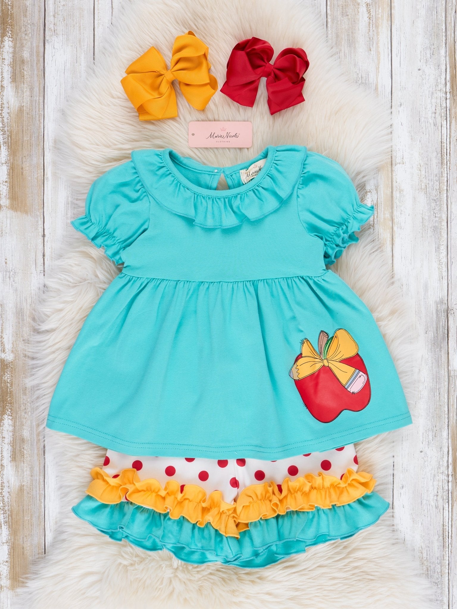 Turquoise Apple A Day Ruffle Outfit - Marie Nicole Clothing