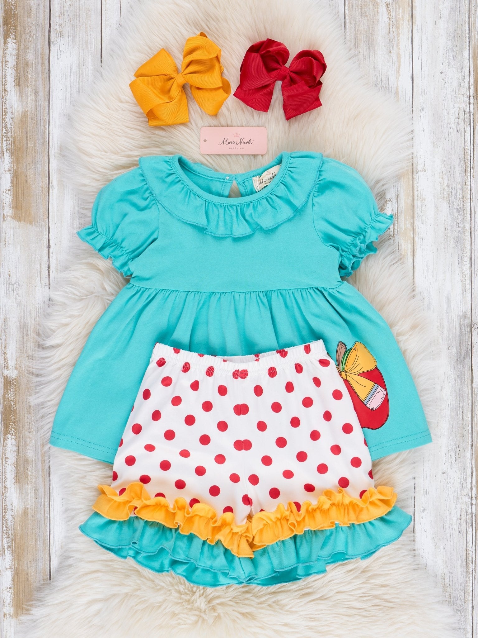 Turquoise Apple A Day Ruffle Outfit - Marie Nicole Clothing