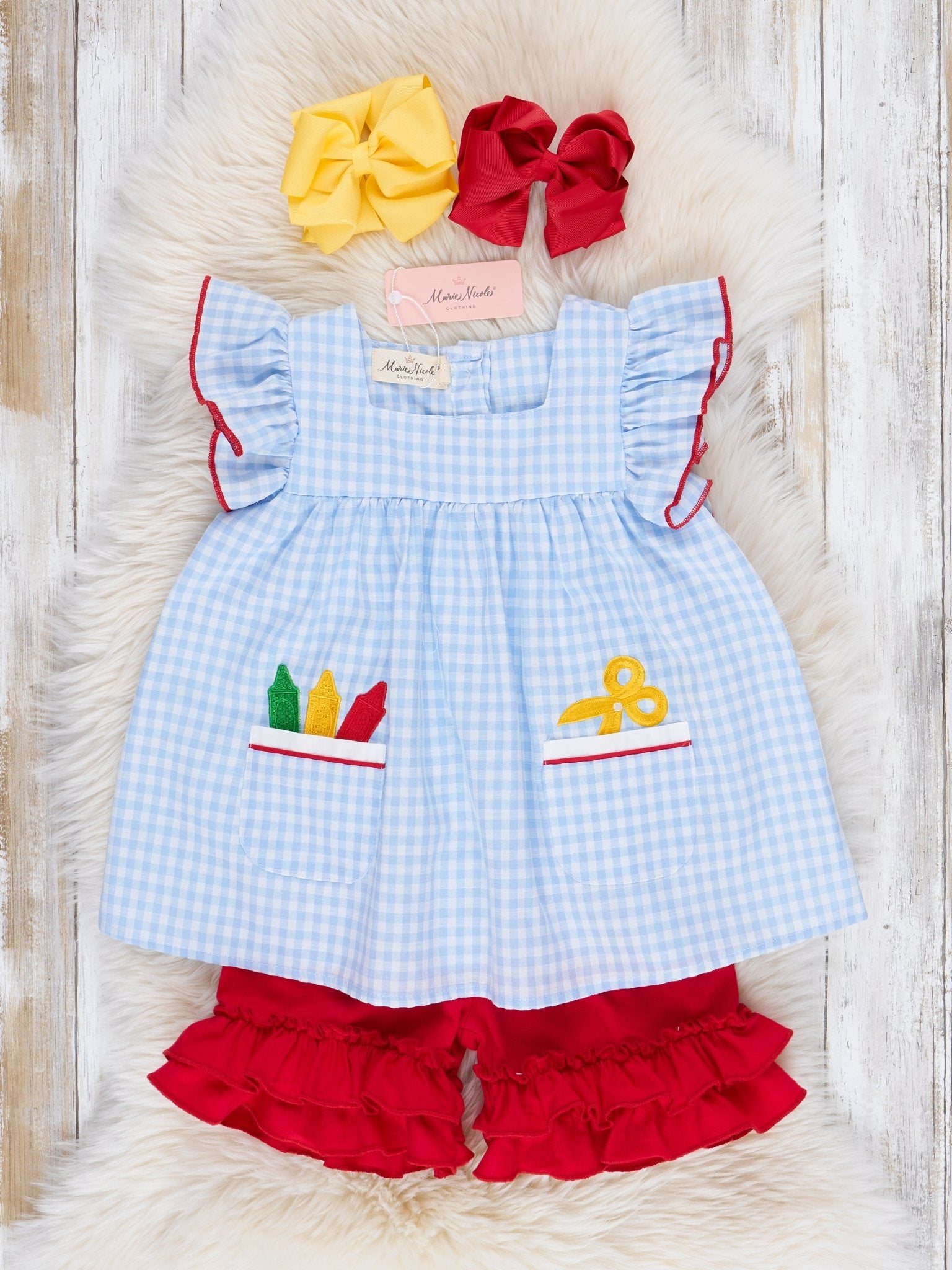 Blue Gingham Embroidered Crayons Ruffle Outfit - Marie Nicole Clothing