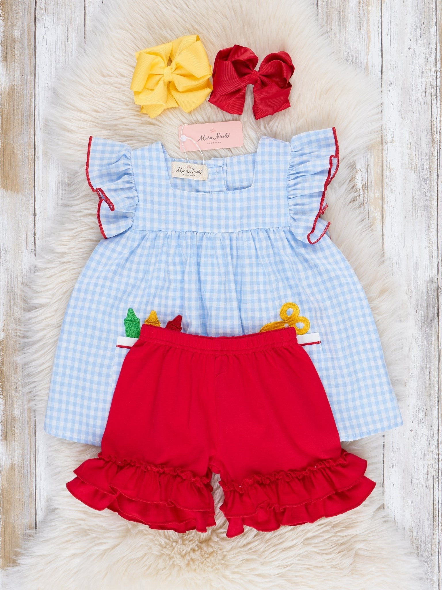 Blue Gingham Embroidered Crayons Ruffle Outfit - Marie Nicole Clothing