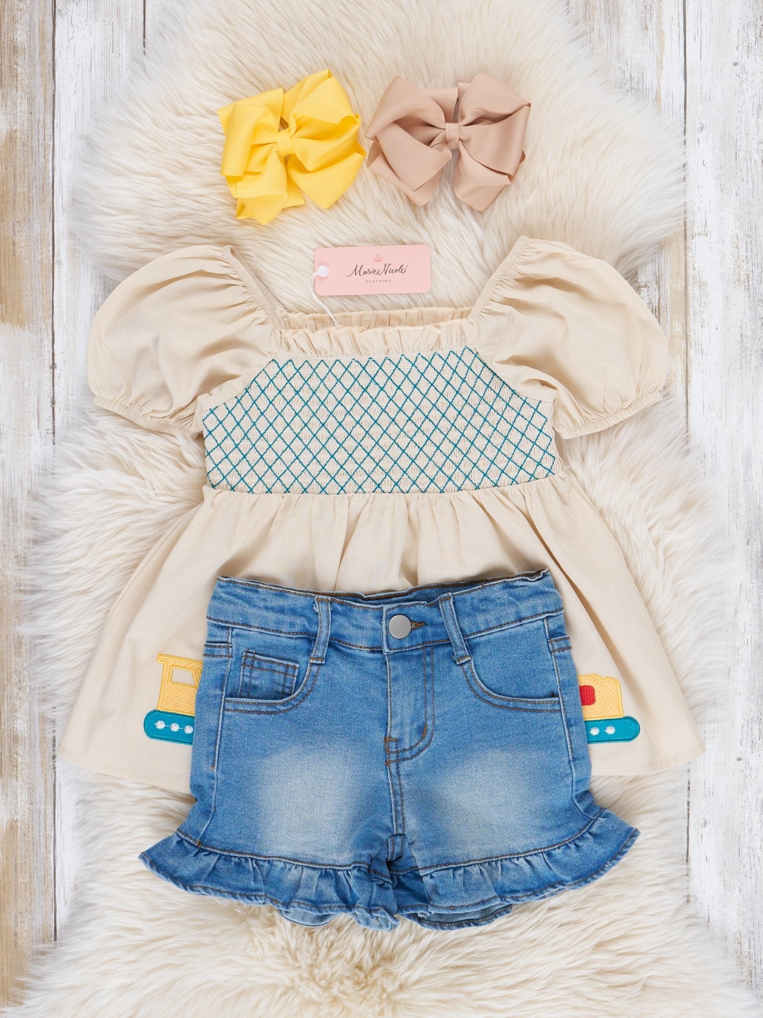 Smocked School Construction Denim Ruffle Outfit - Marie Nicole Clothing