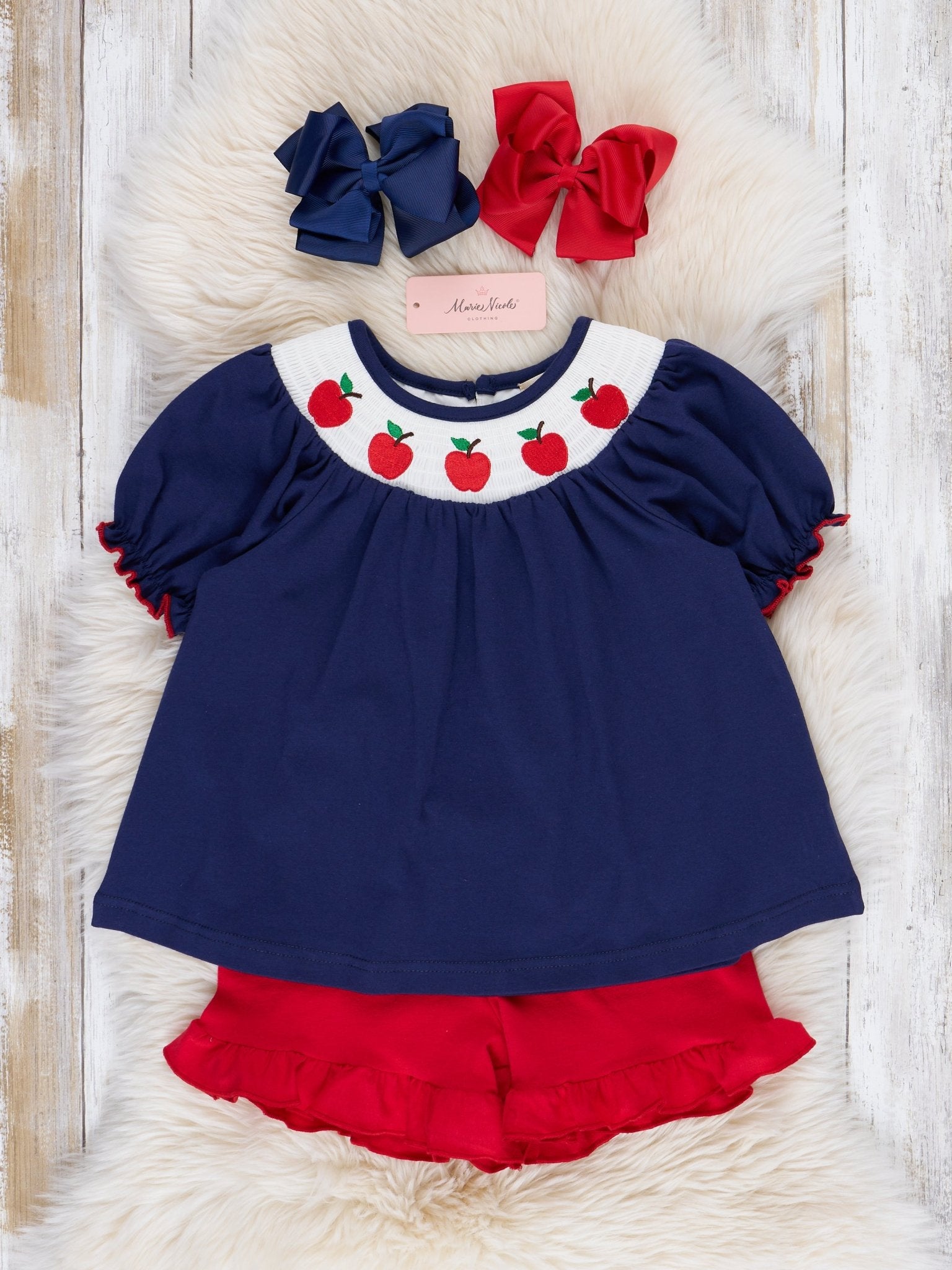 Navy & Red Smocked Apples Outfit - Marie Nicole Clothing