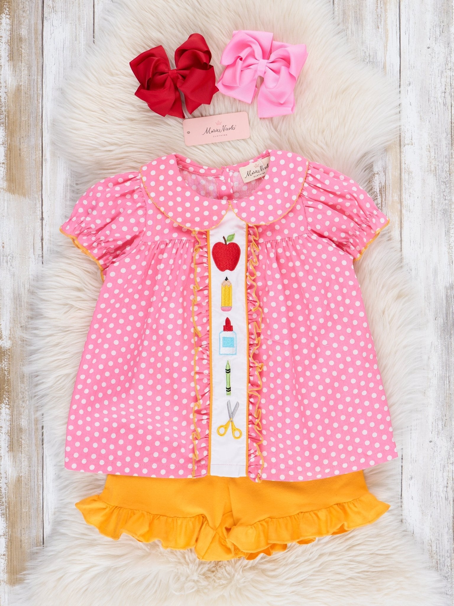 Pink Dots School Supplies Ruffle Outfit - Marie Nicole Clothing
